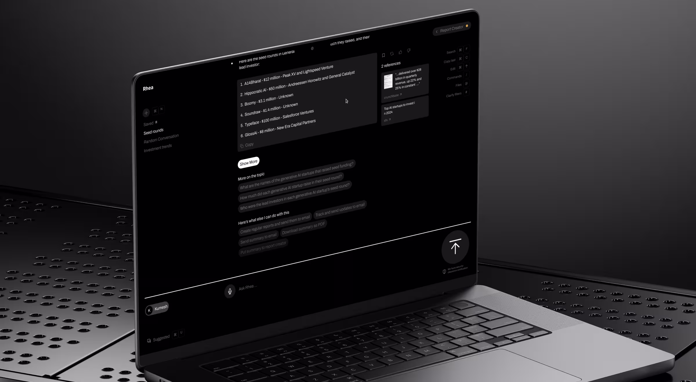 AI workspace designed for research, knowledge management, and conversational analysis, allowing users to interact with complex information through a streamlined interface.