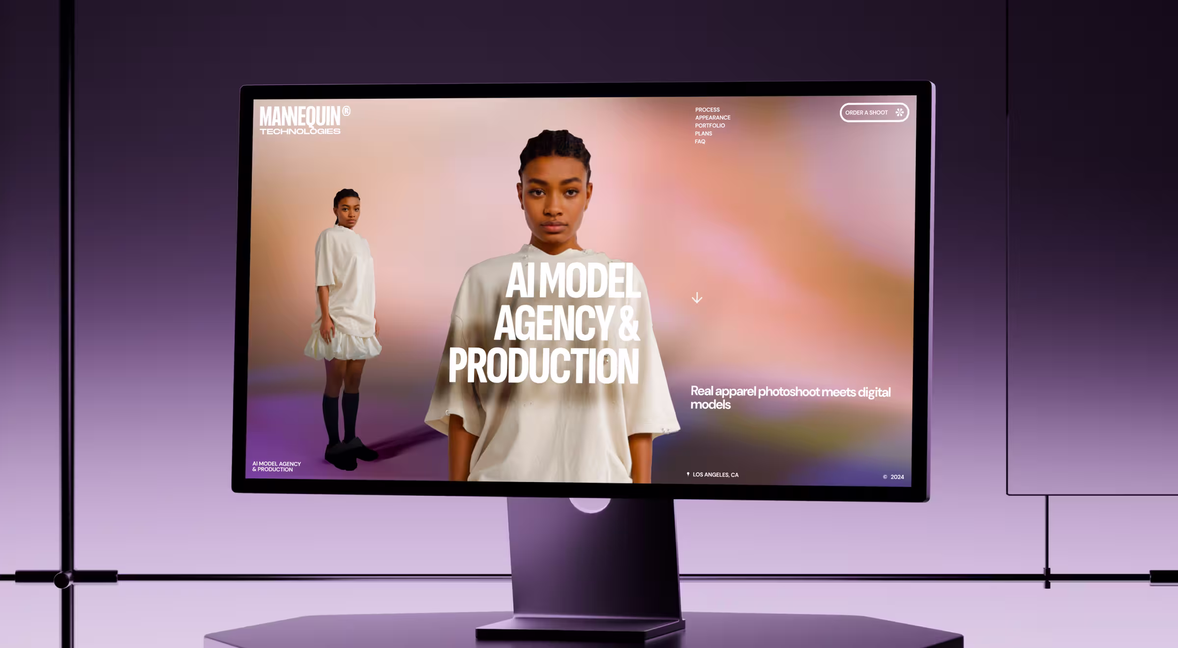 Desktop mockup showing the Mannequin Technologies website for an AI model agency and production studio, featuring a digital fashion model, virtual photoshoot concept, and a clean, editorial-style interface designed for AI-driven apparel and e-commerce experiences