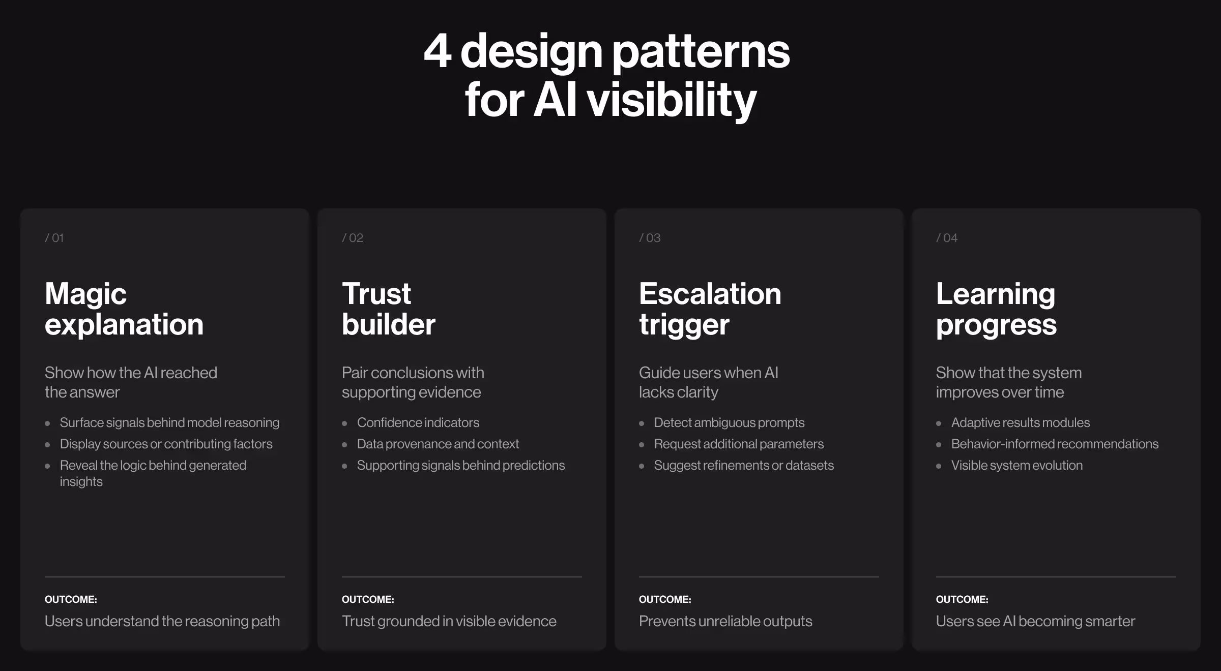 A framework of four AI visibility patterns that help users understand system behavior, build trust in recommendations, recognize escalation points, and track AI-generated outcomes.