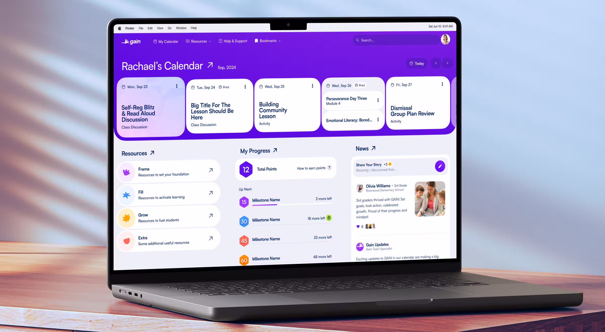 Educational SaaS dashboard displayed on a laptop, showing a teacher’s calendar, lesson planning cards, progress tracking, and resources, illustrating user-centered UX design for learning and classroom management platforms