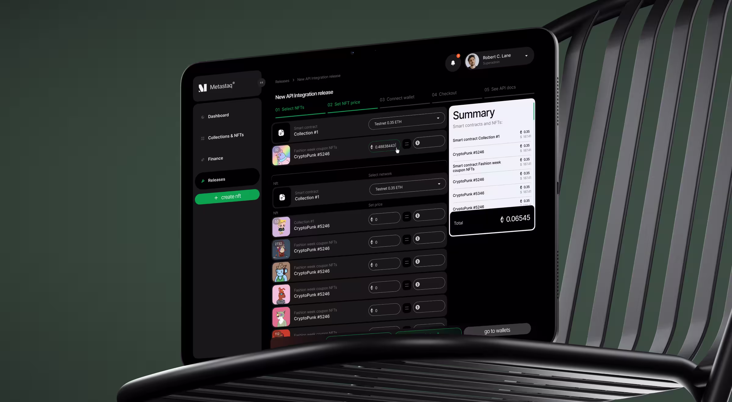 Tablet placed on a modern metal chair displaying the Metastaq interface. The dark UI shows an NFT release workflow with selected NFTs, pricing inputs, wallet connection steps, and a checkout summary panel listing smart contracts and total ETH value, using green accents on a black background