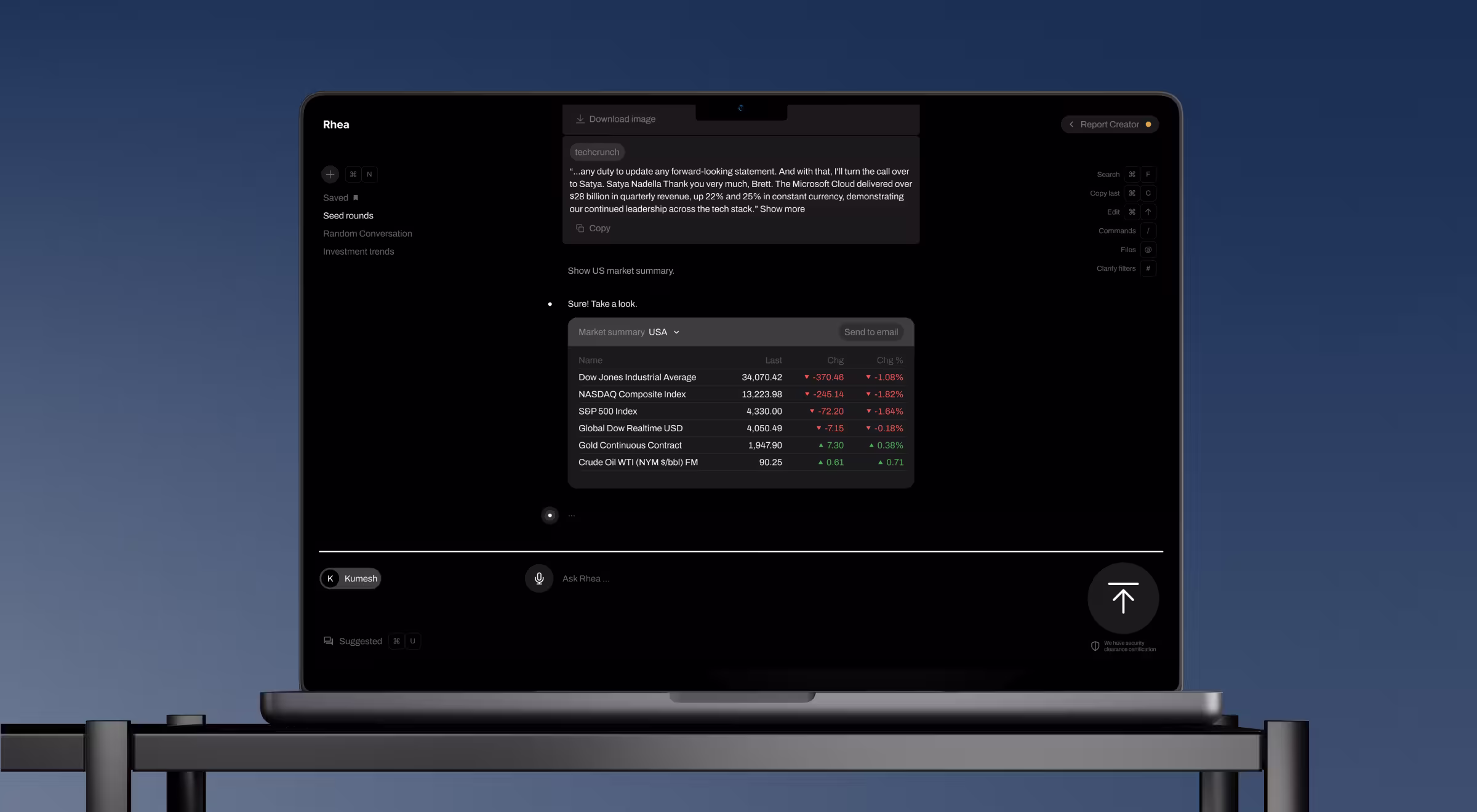 Dark-mode AI analytics dashboard displayed on a laptop, featuring a conversational interface, financial market summary table, report generation tools, and data visualization elements designed for enterprise-grade product UX and decision support