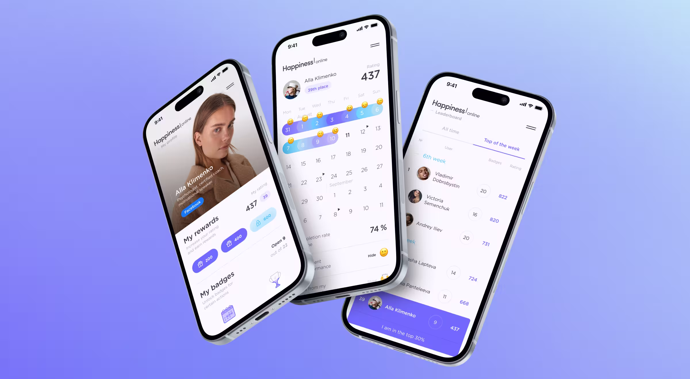 Three smartphones showing a happiness-tracking app with profile, calendar progress, and leaderboard screens