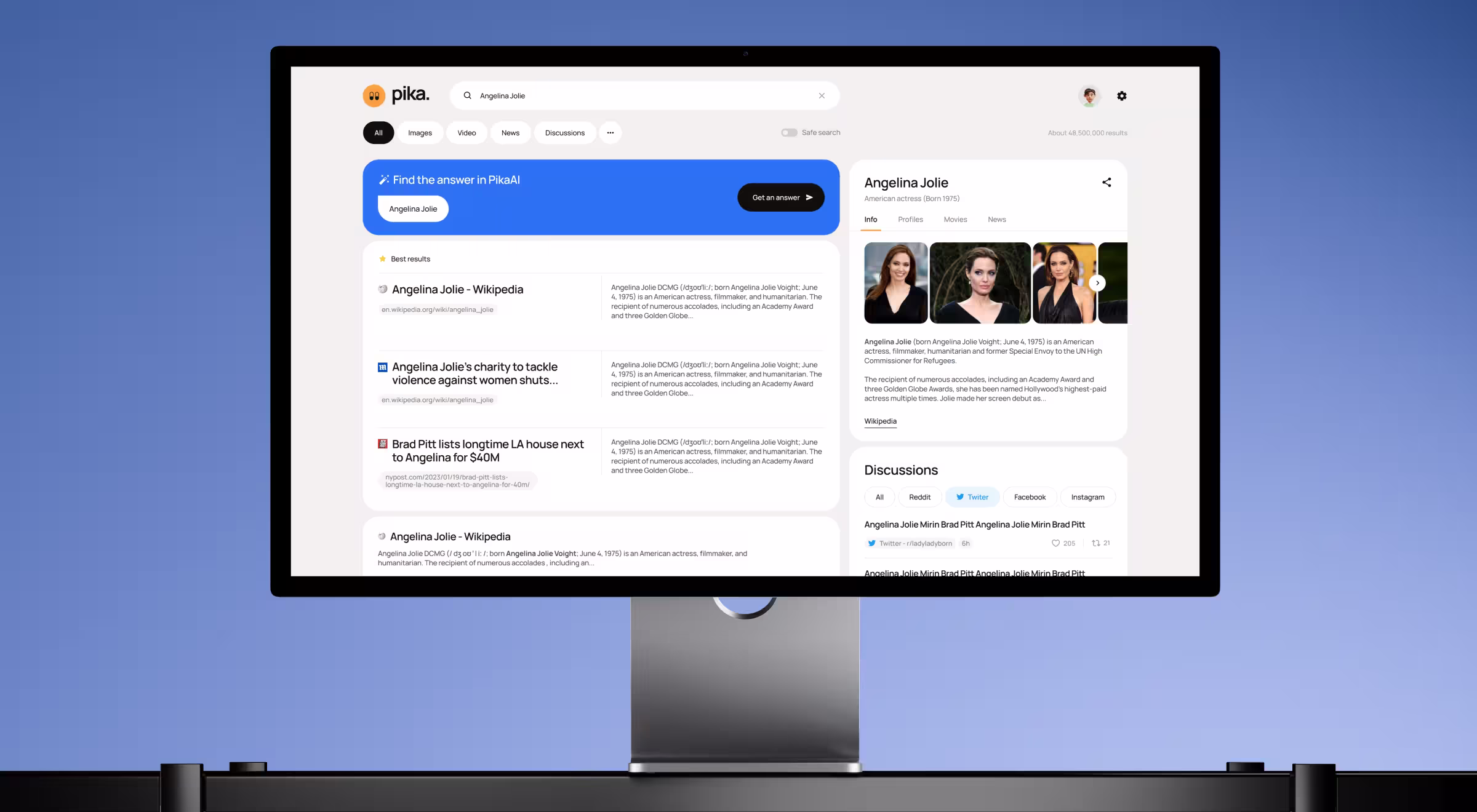 Desktop monitor showing an AI-powered search interface with results and profile panel