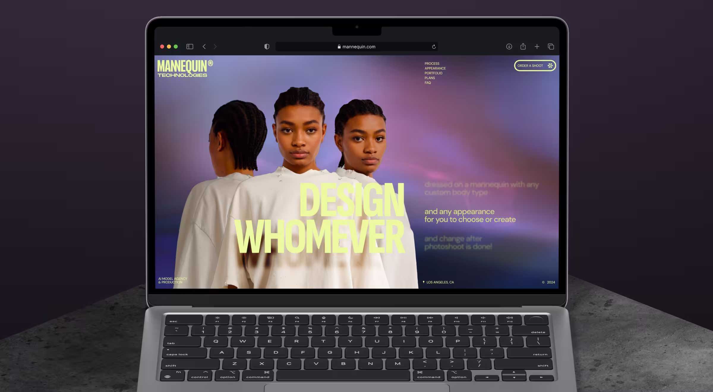 Fashion tech landing page on a laptop featuring three digital models and the headline “Design Whomever.”