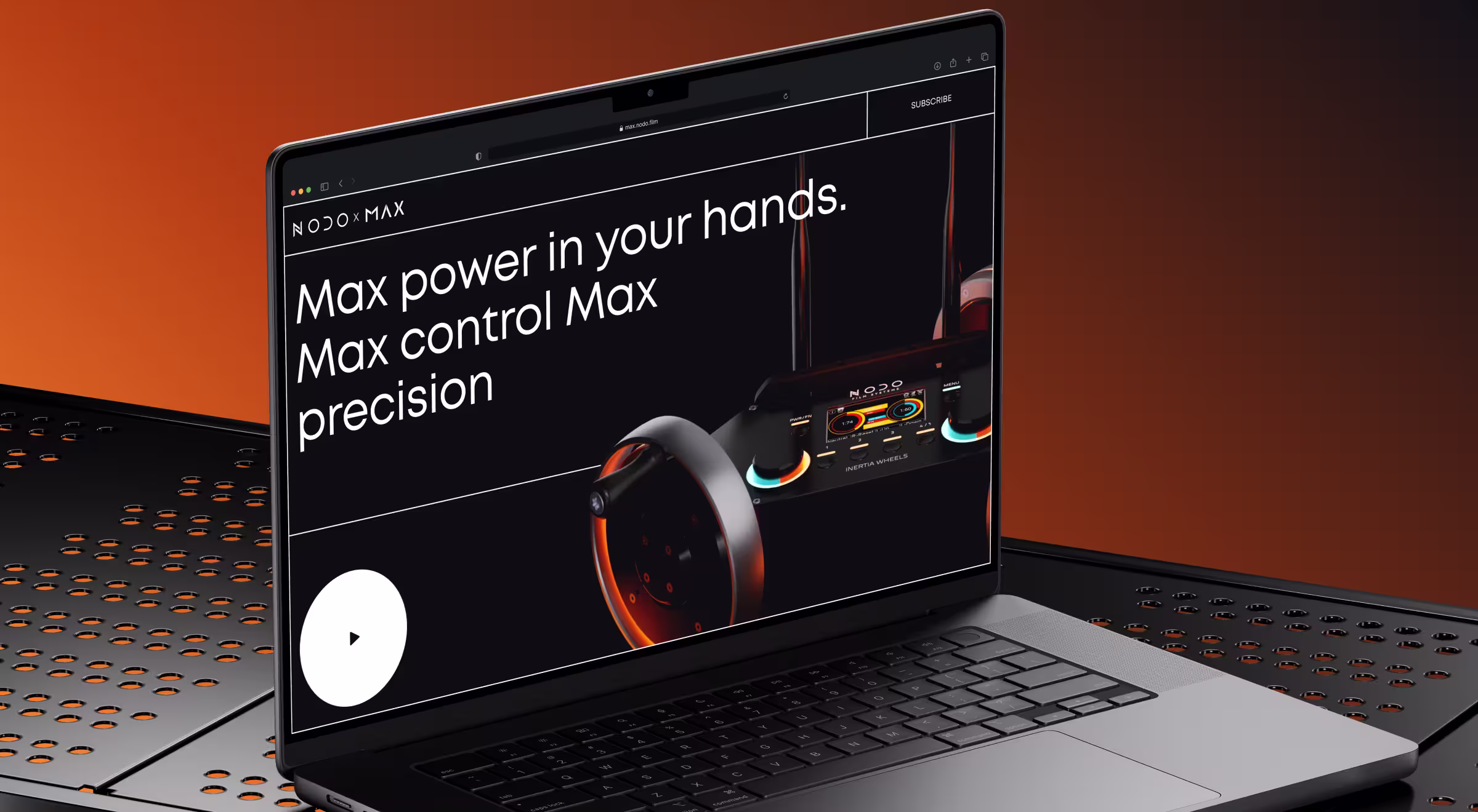 Product landing page on a laptop showcasing a high-precision control device with bold “Max power, Max control” messaging