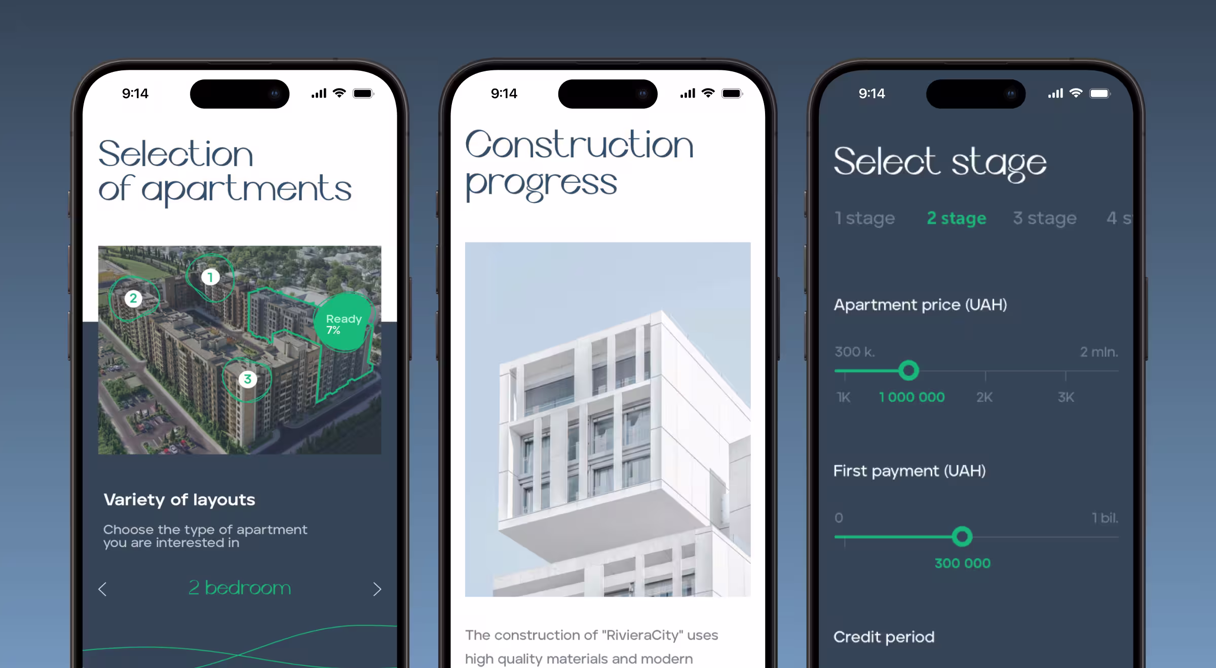 Three smartphone screens displayed side by side on a blue background, showing a real estate mobile app. The first screen features an aerial view for apartment selection with highlighted buildings and layout options. The second screen shows construction progress with a photo of a modern residential building. The third screen displays a “Select stage” filter with sliders for apartment price, first payment, and credit period in UAH