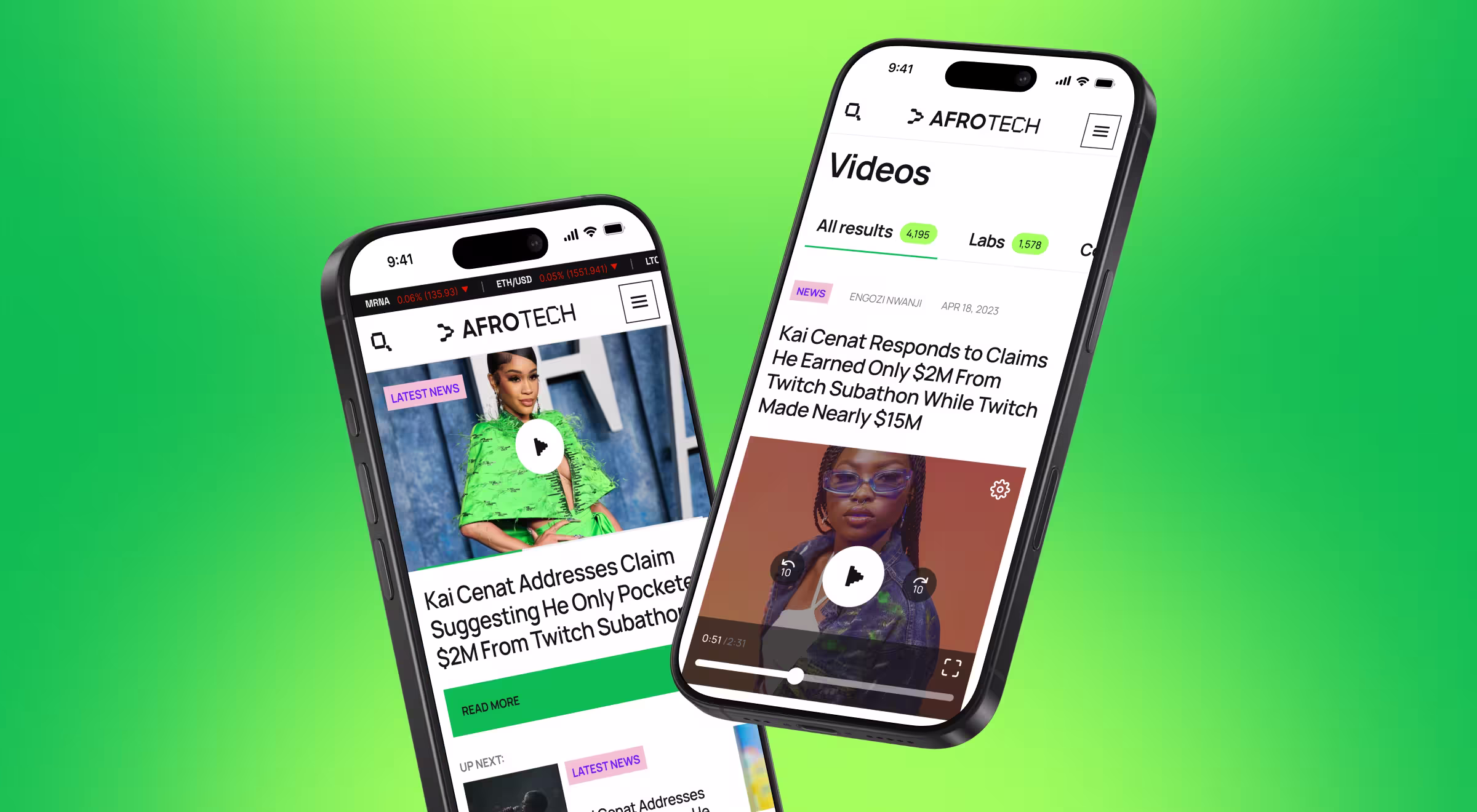 Two smartphones angled on a bright green background display the AfroTech mobile site. The left screen shows a news article with a video thumbnail and a play button, while the right screen shows the AfroTech “Videos” results page with a featured video article, filters, and an embedded video player interface