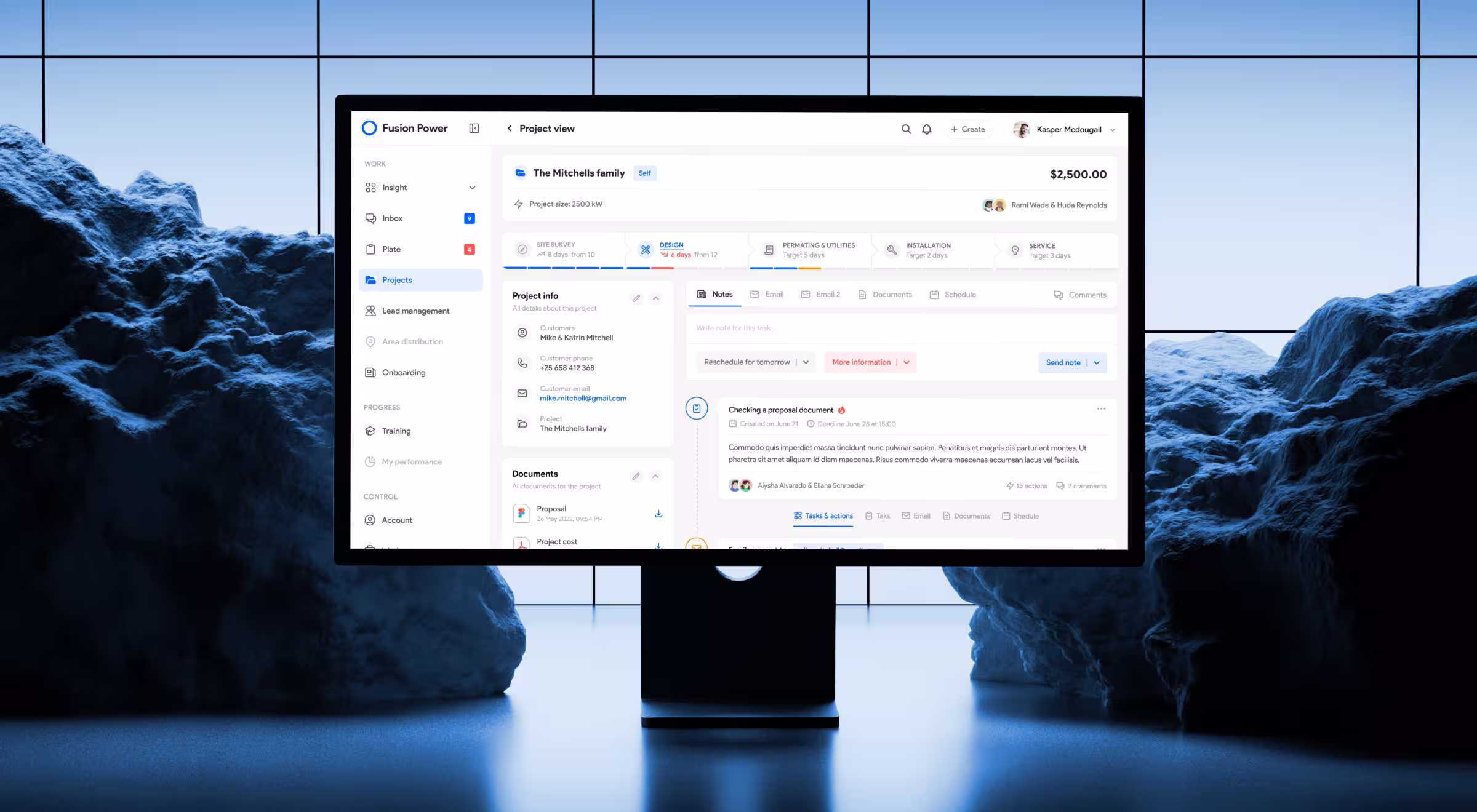 Desktop monitor displaying a clean project management dashboard for a renewable energy platform