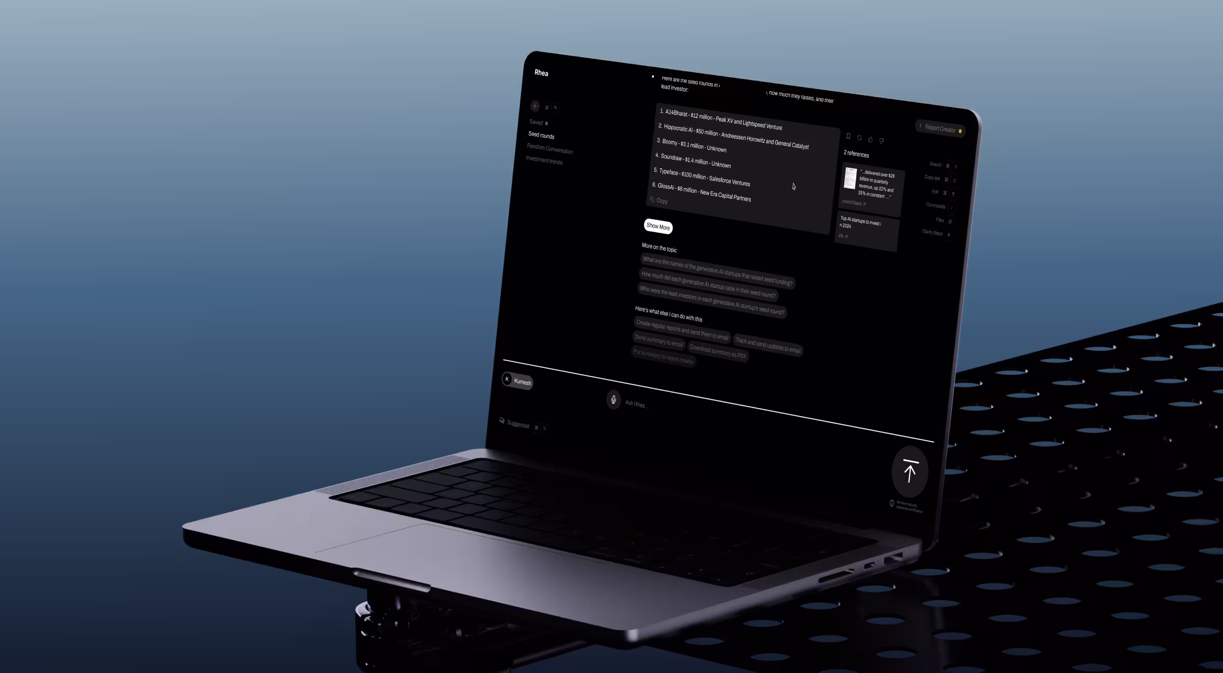 Laptop displaying a dark AI research interface on a minimalist blue background