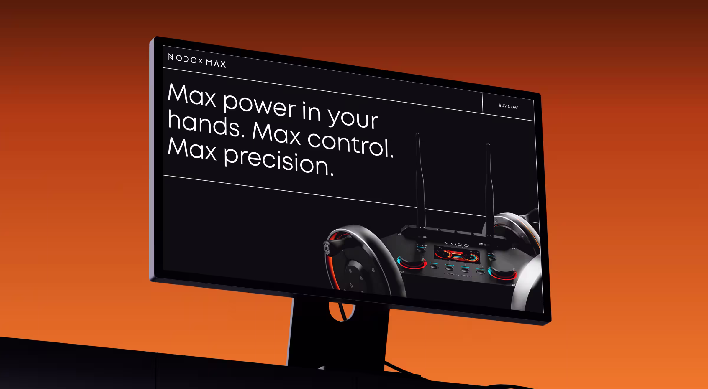 Wide desktop monitor against a vivid orange background displaying a dark, high-contrast product landing page for “NOXO MAX.”