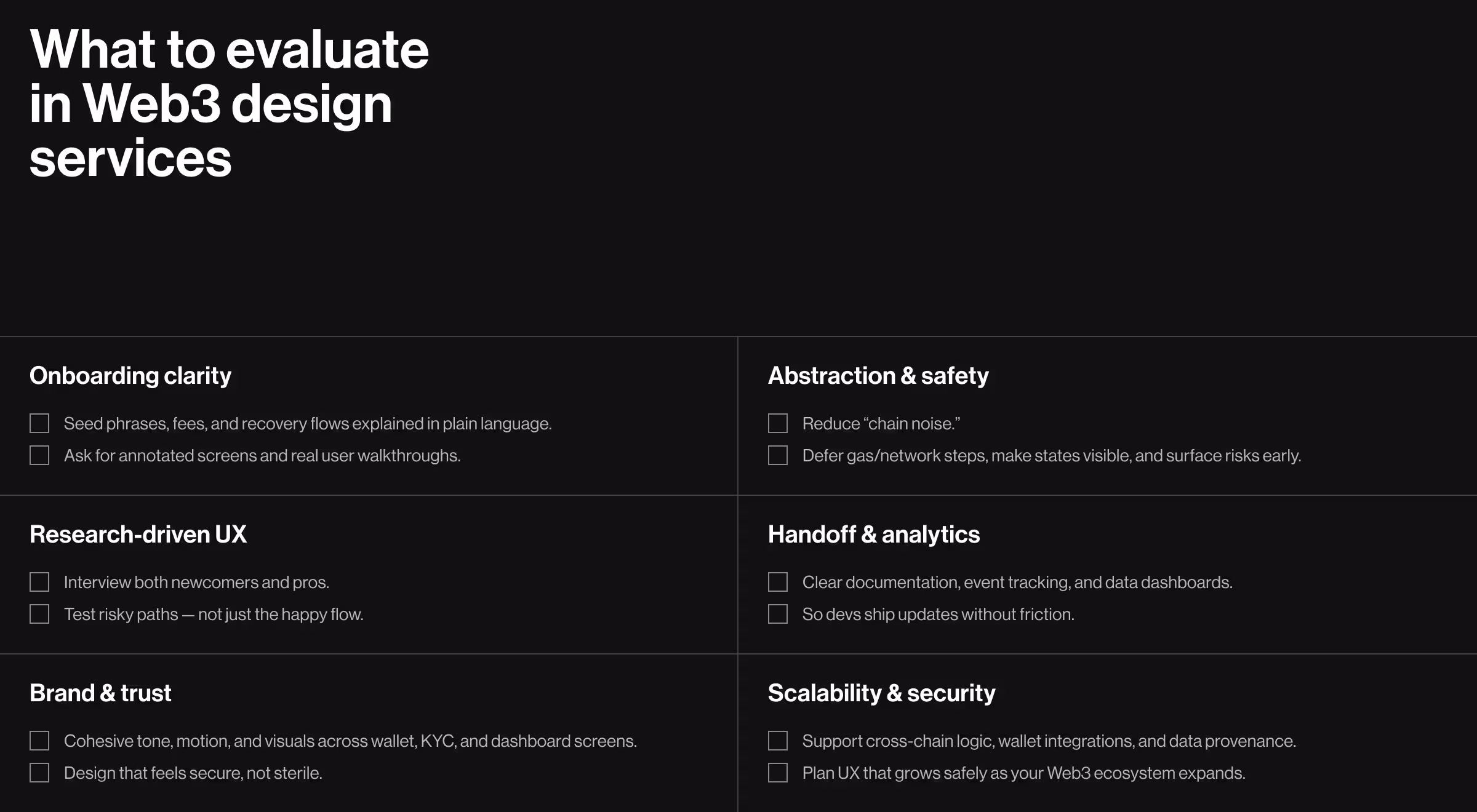 Web3 product design evaluation framework covering UX, security, and onboarding clarity
