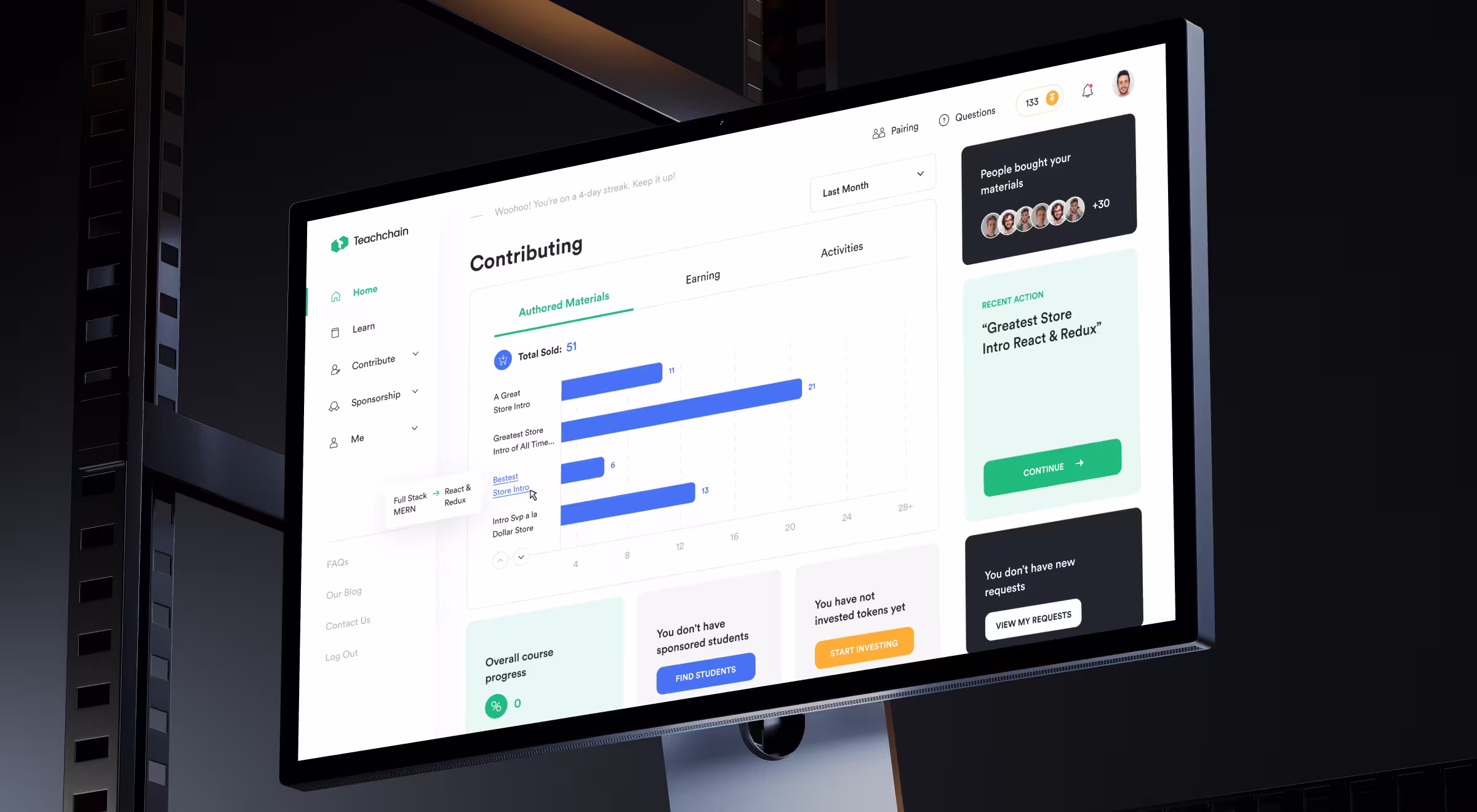SaaS learning platform dashboard UI with contributor analytics and performance metrics