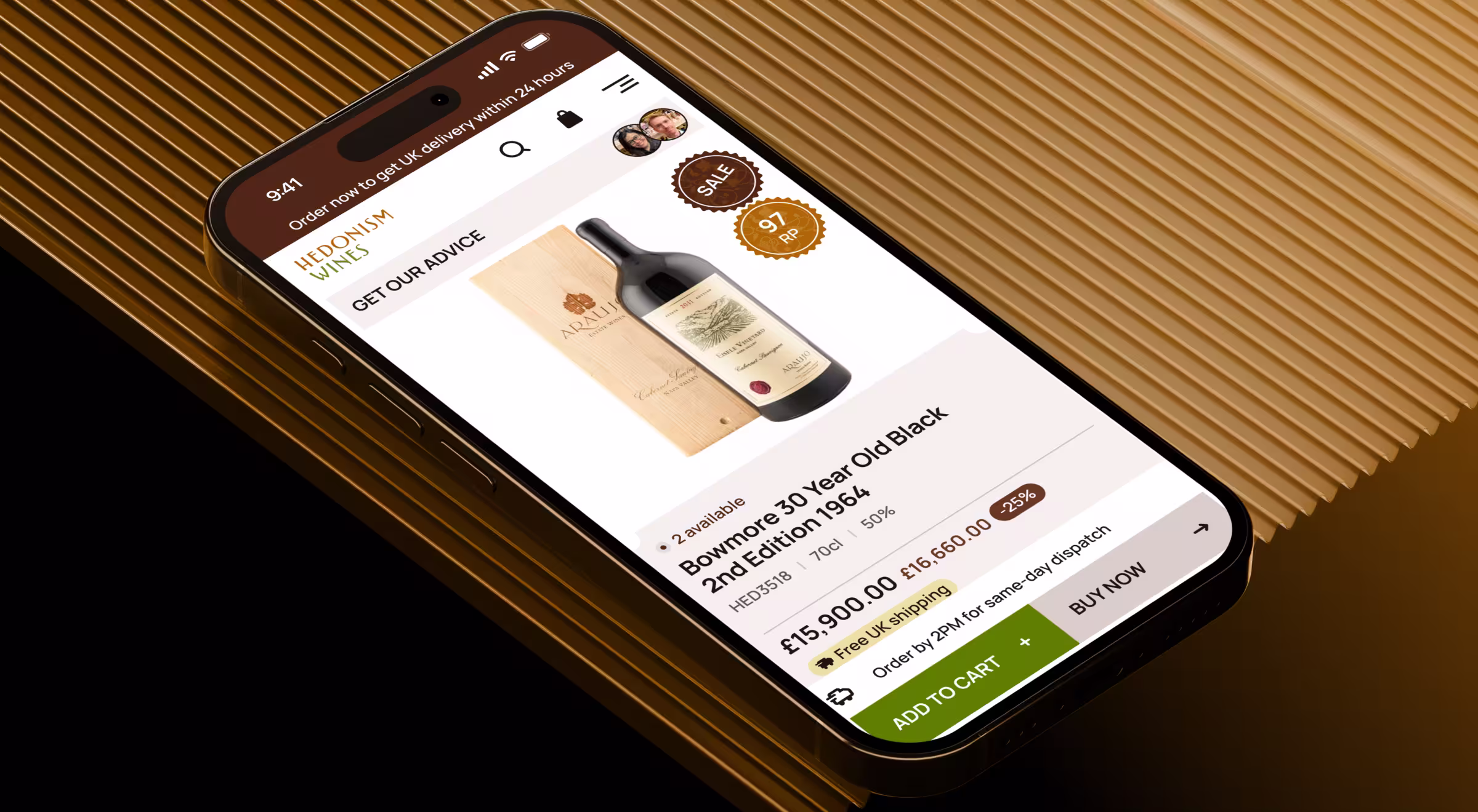 Smartphone displaying a luxury wine ecommerce interface with premium bottle listing, pricing details, delivery information, and add-to-cart functionality.