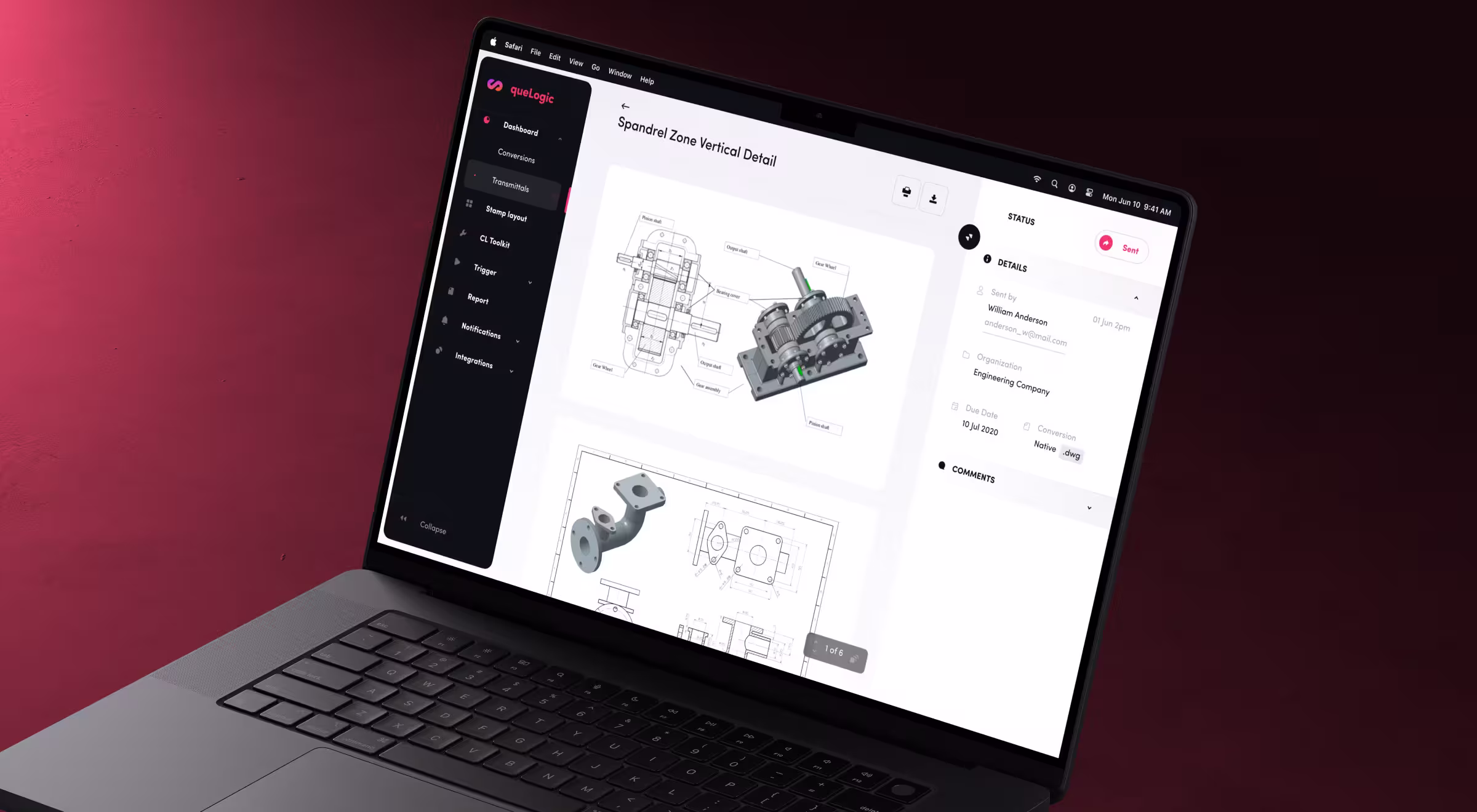 Laptop displaying an industrial engineering dashboard with CAD drawings, mechanical part visualizations, workflow controls, and technical collaboration tools.