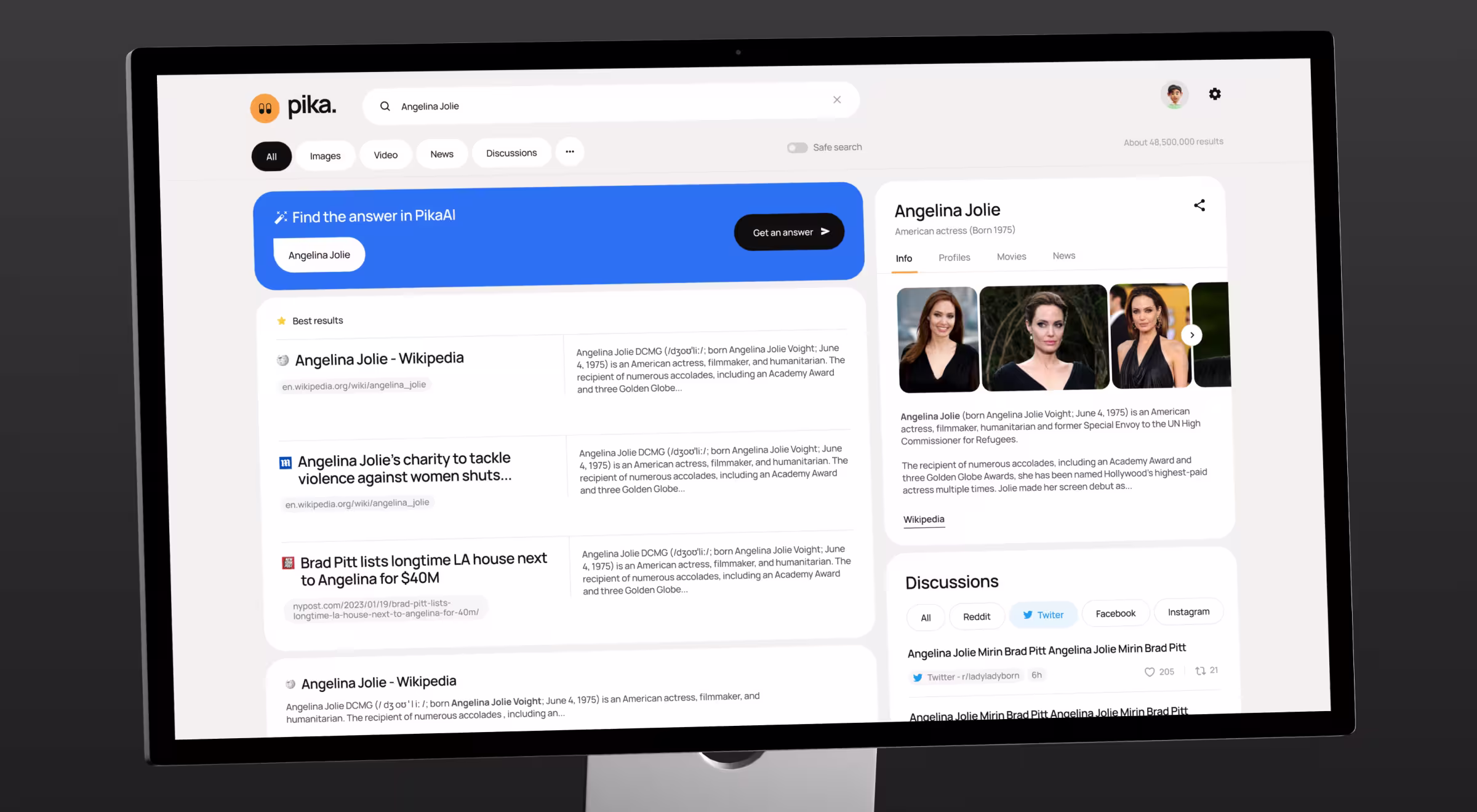Desktop interface of an AI-powered search engine combining traditional search results with conversational AI answers, knowledge panels, and social discussions in a single search experience.