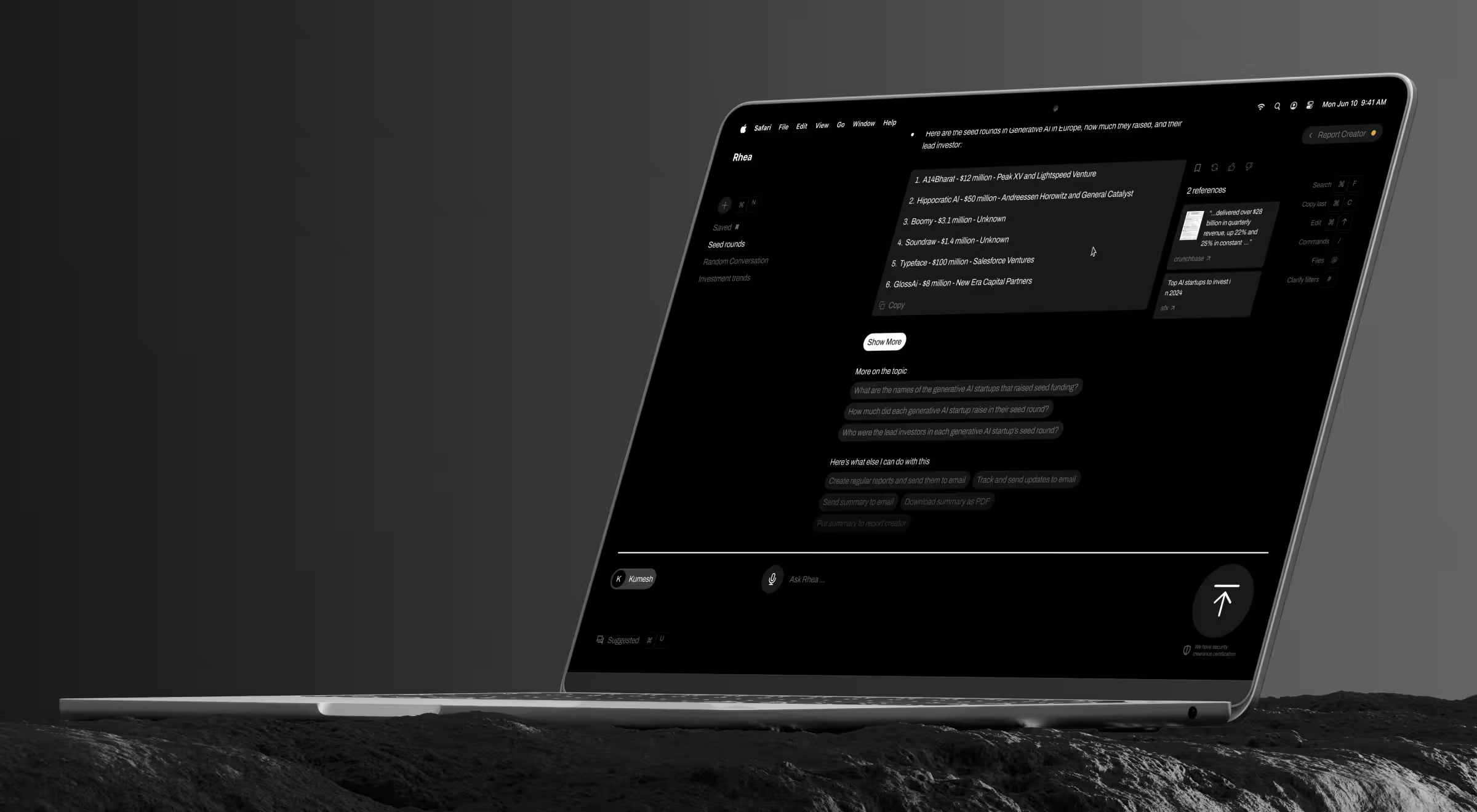 A laptop displays an AI-powered research and intelligence platform with a conversational interface, source references, and report-generation tools. The dark-themed workspace combines chat-based exploration, document analysis, and structured insights, illustrating how AI can support investment research, market intelligence, and knowledge workflows.