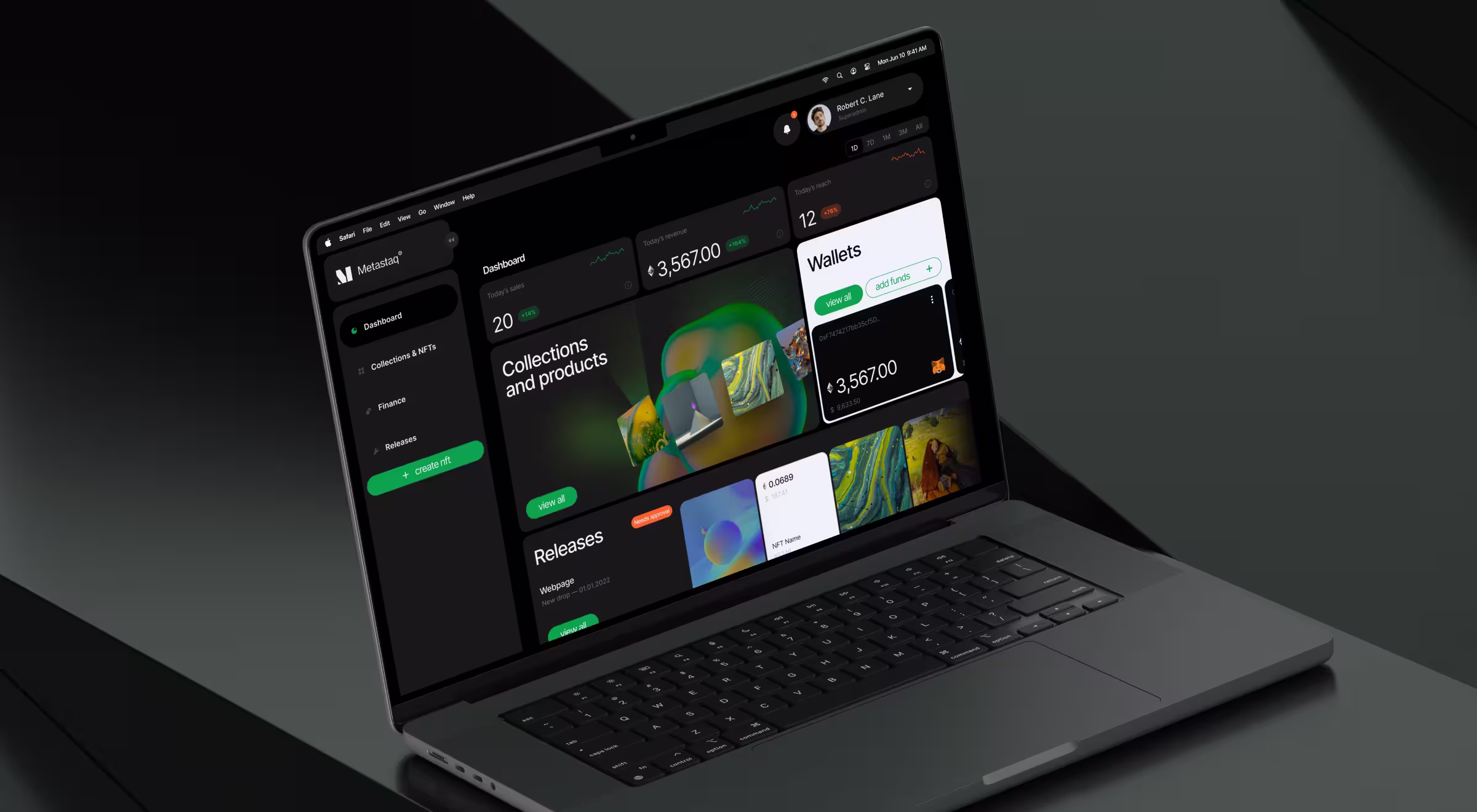 Digital asset management dashboard shown on a laptop, combining portfolio tracking, wallet balances, NFT collections, revenue metrics, and financial performance indicators. The interface provides a centralized workspace for managing blockchain-based assets and investment activity.