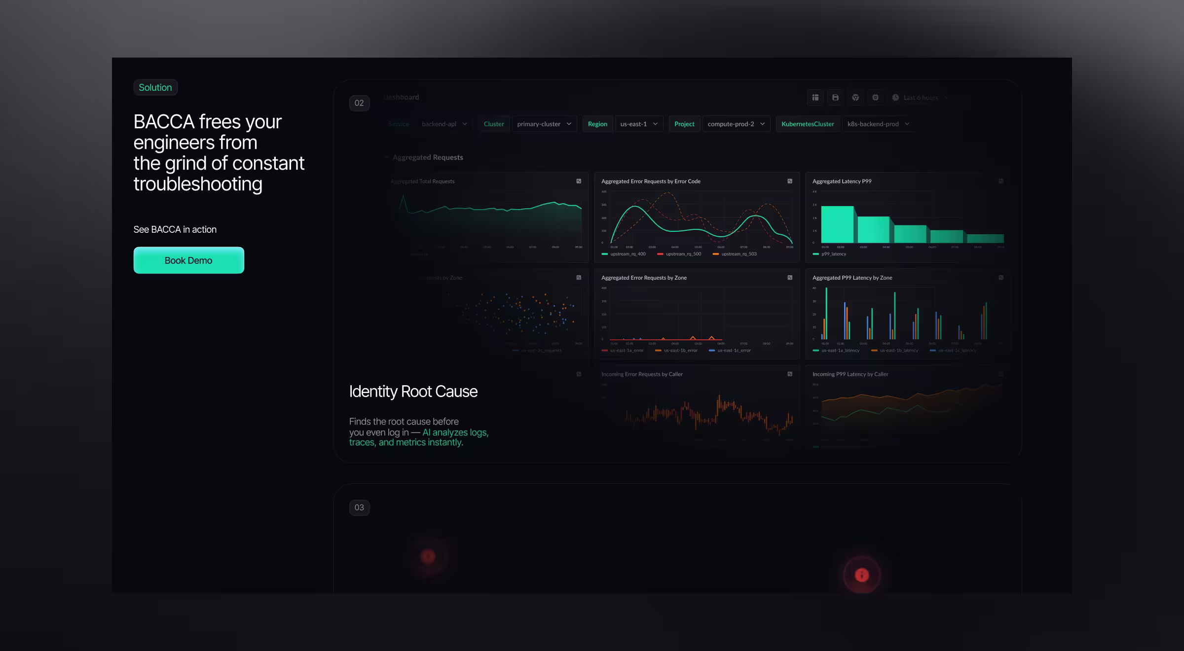 Dark-mode observability dashboard displaying real-time service metrics, latency trends, error analysis, and performance monitoring charts. The interface enables engineering teams to identify root causes, investigate system issues, and reduce troubleshooting effort through centralized analytics.