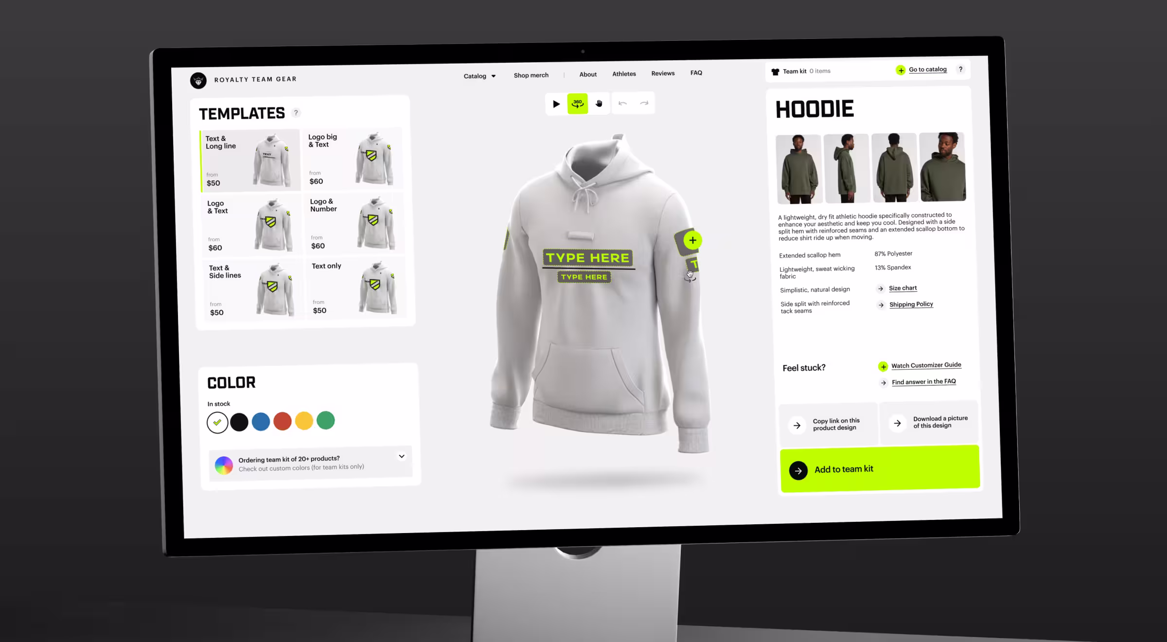 Custom product configuration interface enabling users to personalize apparel, manage variations, and visualize design changes in real time before purchase.
