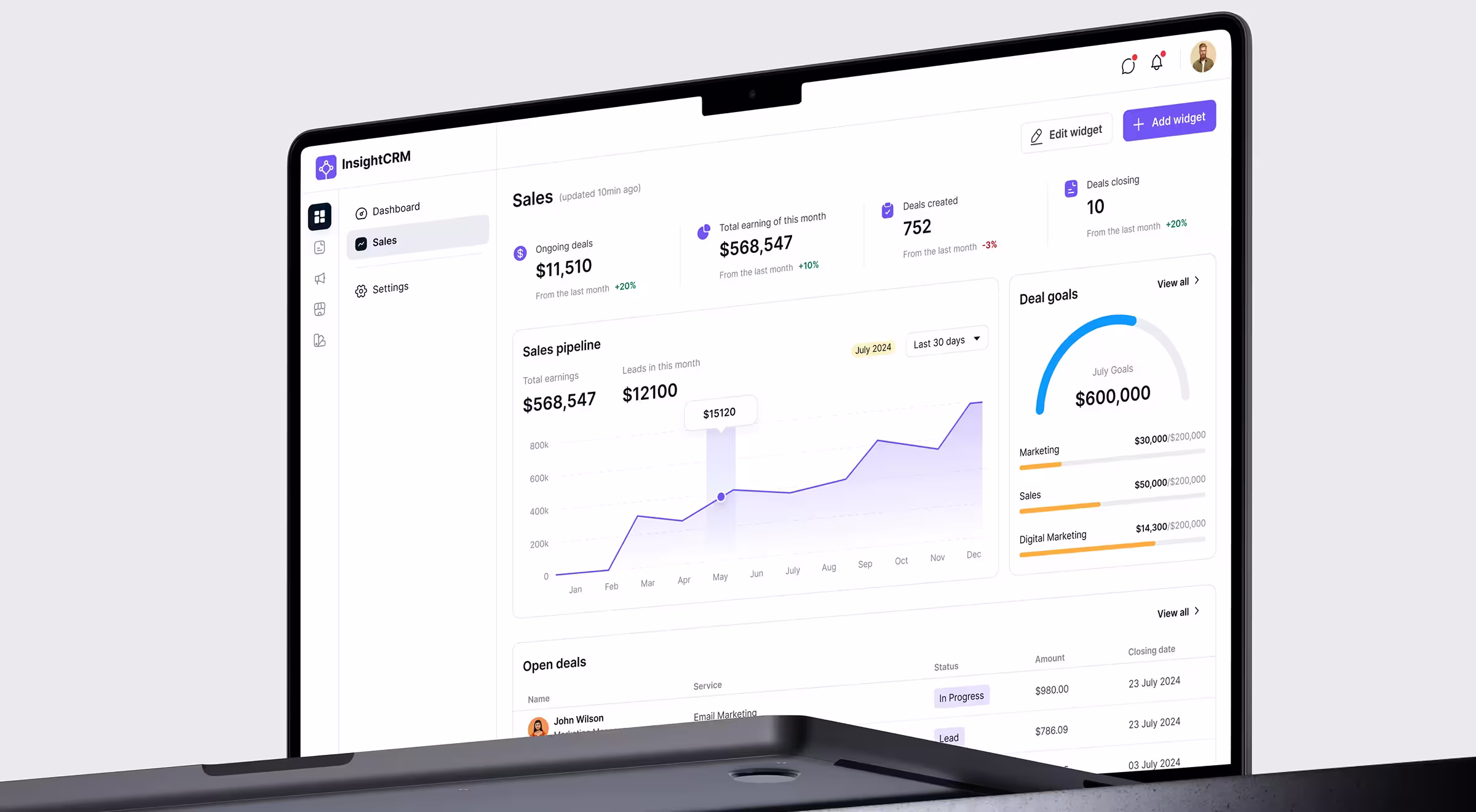 CRM sales dashboard featuring revenue metrics, deal tracking, sales pipeline visualization, goal progress indicators, and open opportunities. The interface helps teams monitor performance and manage customer relationships.