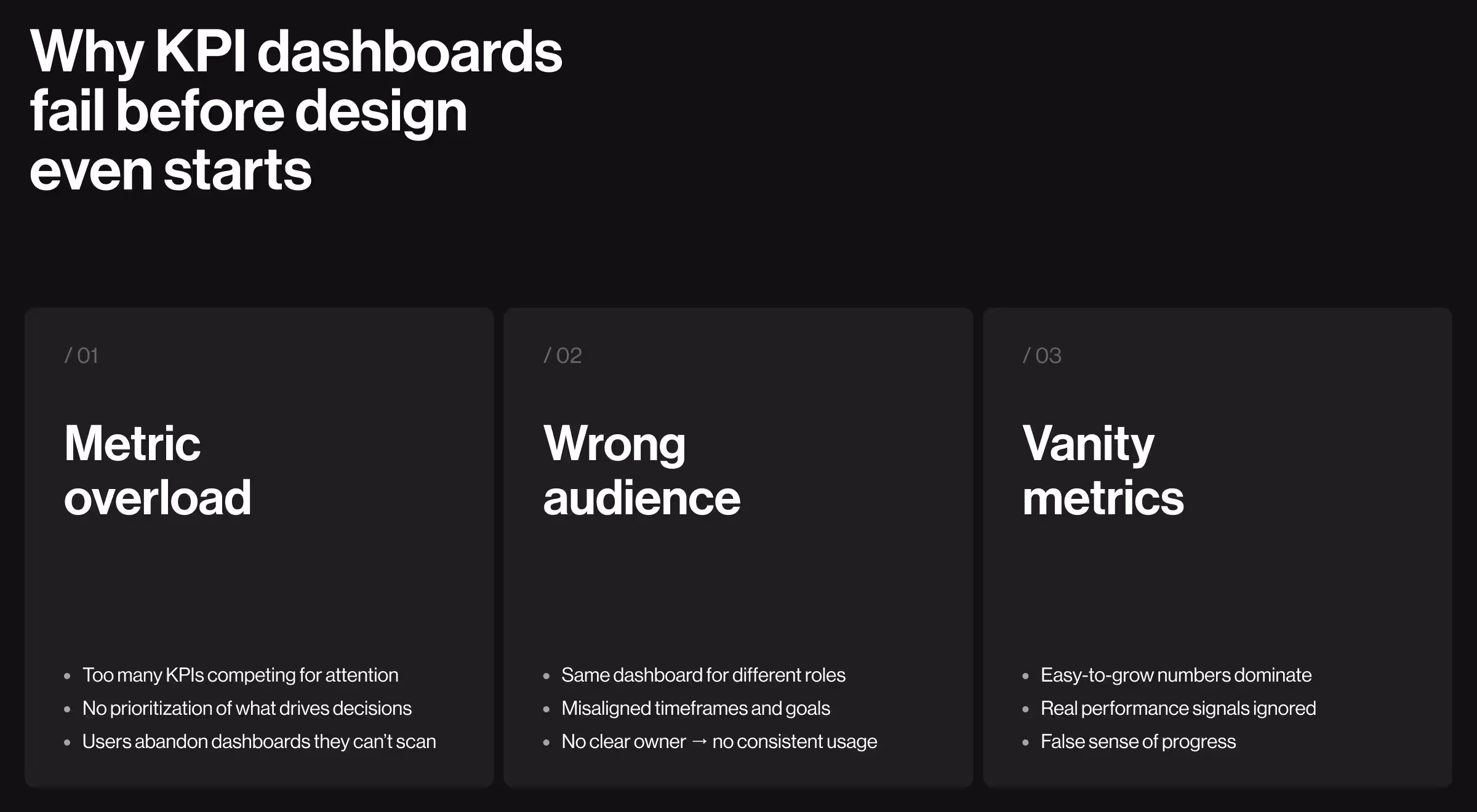 Dark-themed infographic explaining common reasons KPI dashboards fail, including metric overload, designing for the wrong audience, and reliance on vanity metrics. Each section highlights usability and decision-making challenges.