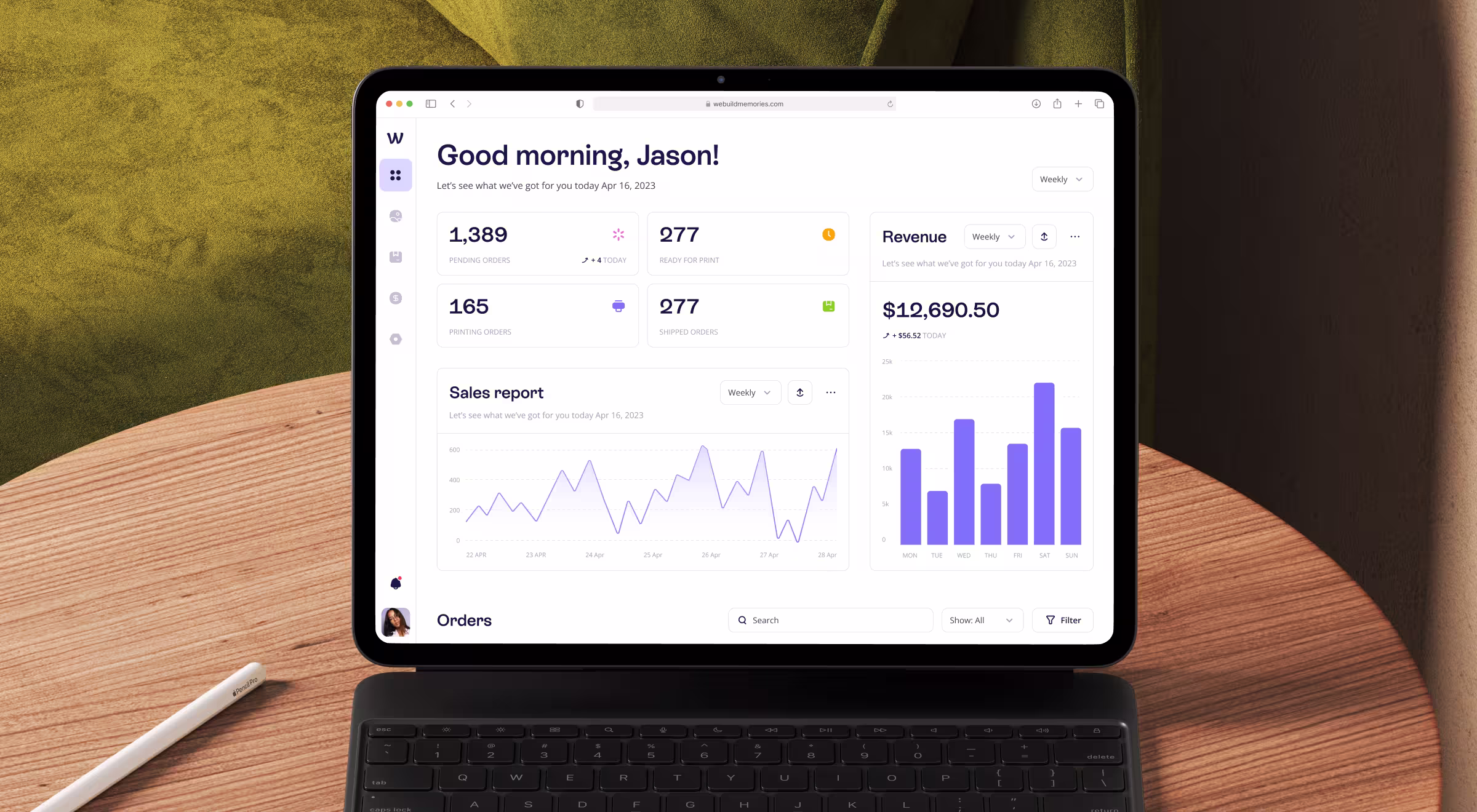 Tablet displaying a business analytics dashboard with KPI cards, revenue metrics, sales reports, line and bar charts, and order management data. The interface highlights performance monitoring, revenue tracking, and operational insights.