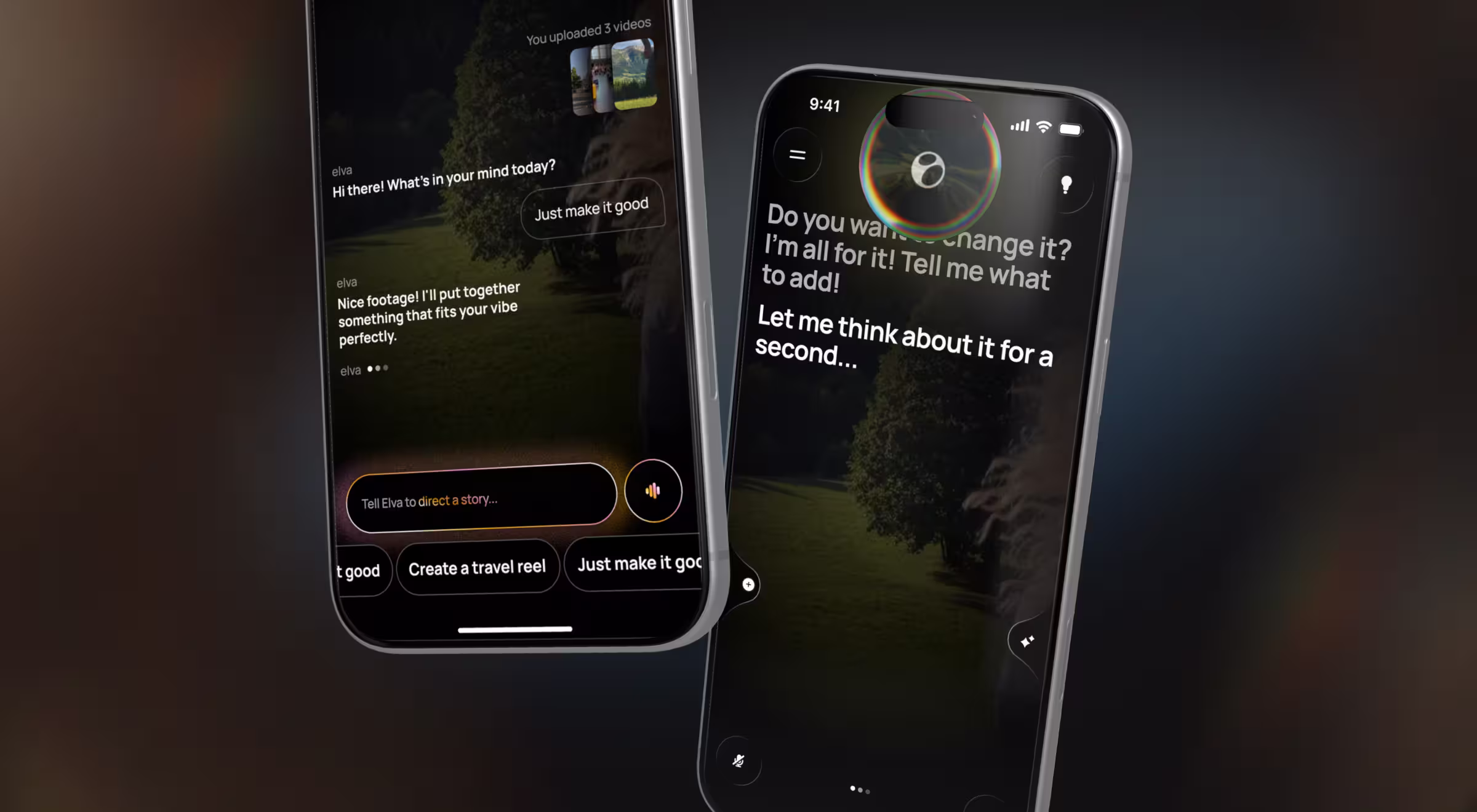 Conceptual AI-powered mobile application interface showing a conversational assistant that helps users create and edit video content through voice prompts, natural language commands, and intelligent content generation workflows.