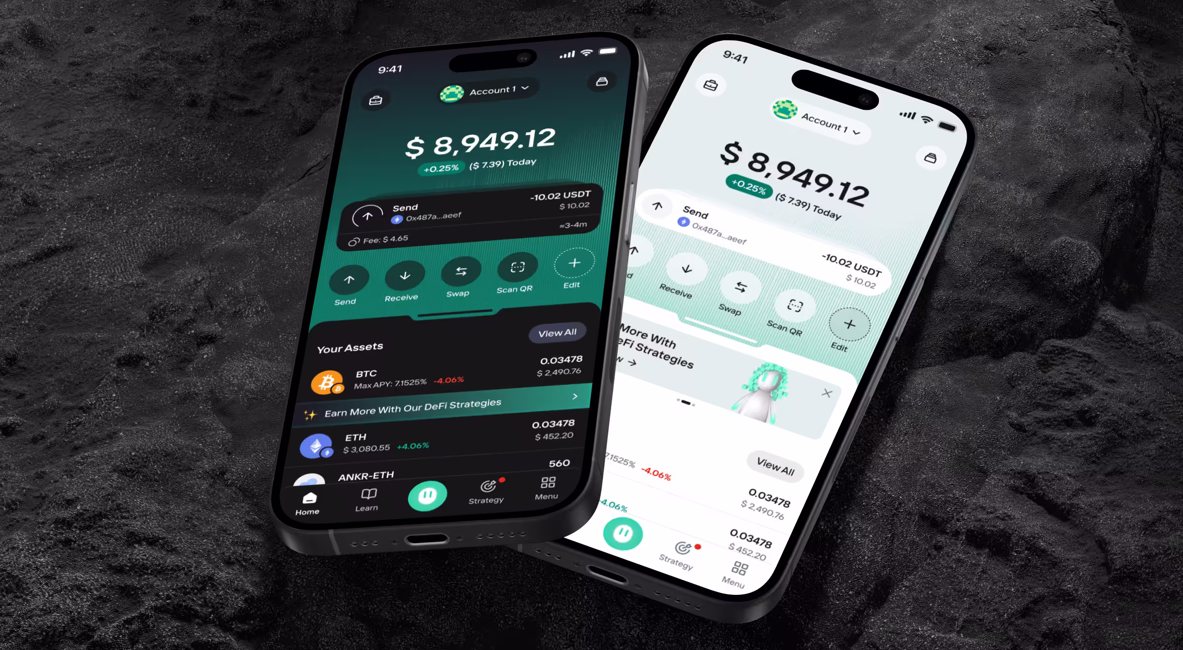 Two smartphone screens display a cryptocurrency wallet application in dark and light modes. The interface highlights portfolio balances, asset holdings, transaction history, and quick actions such as send, receive, swap, and QR scanning, emphasizing a mobile-first approach to crypto portfolio management and DeFi engagement.