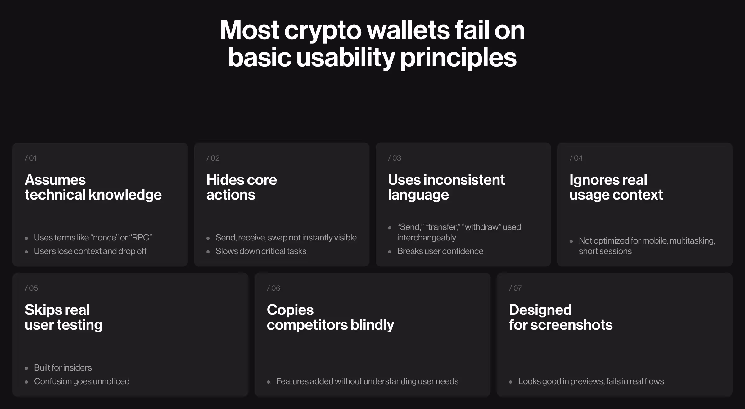 Dark-themed infographic outlining seven common cryptocurrency wallet usability failures, including technical jargon, hidden actions, inconsistent terminology, poor mobile optimization, lack of user testing, competitor-driven design decisions, and interfaces optimized for appearance rather than real user workflows.