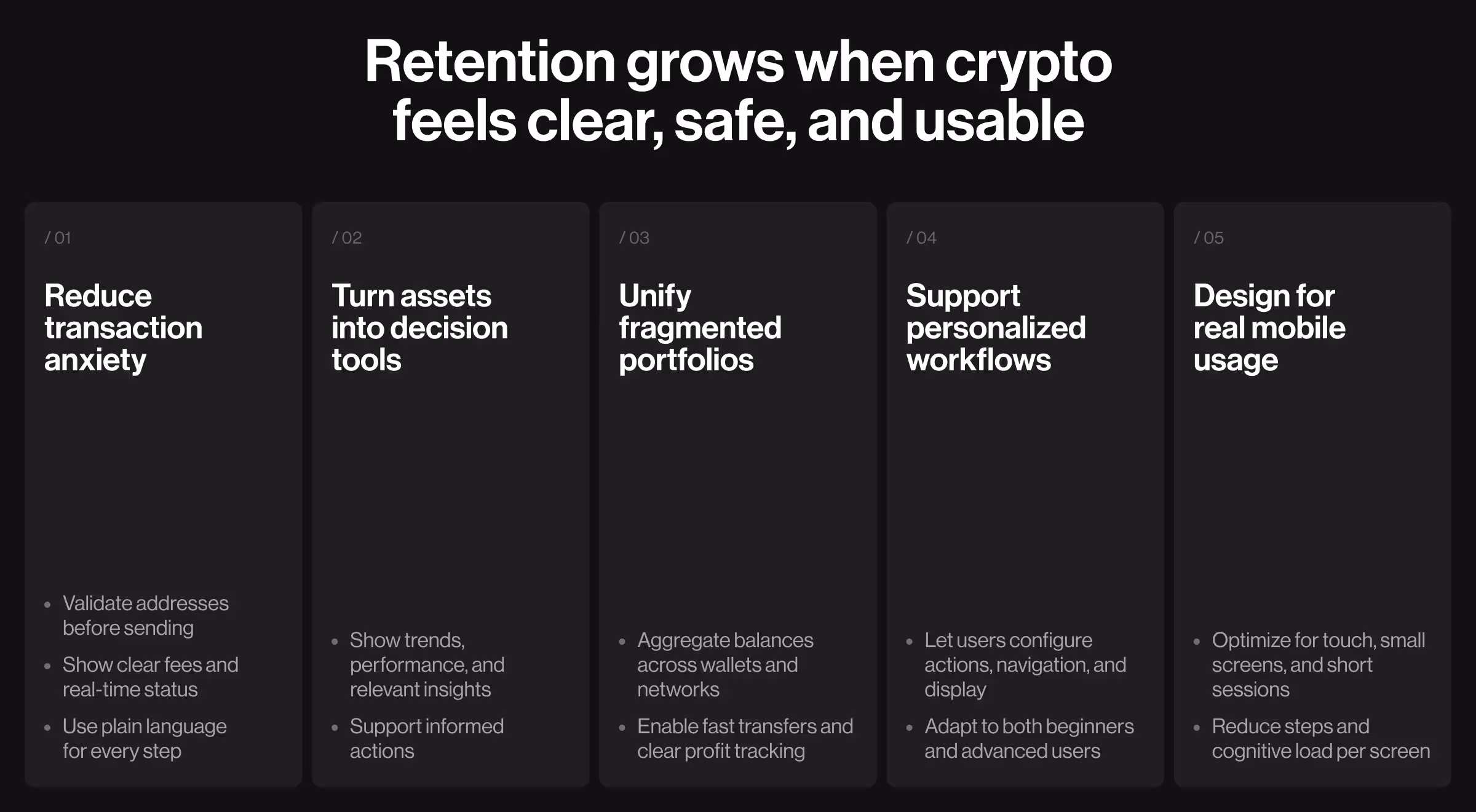 Dark-themed infographic presenting five UX principles that improve cryptocurrency wallet retention: reducing transaction anxiety, transforming asset data into actionable insights, unifying fragmented portfolios, supporting personalized user workflows, and optimizing experiences for real-world mobile usage.