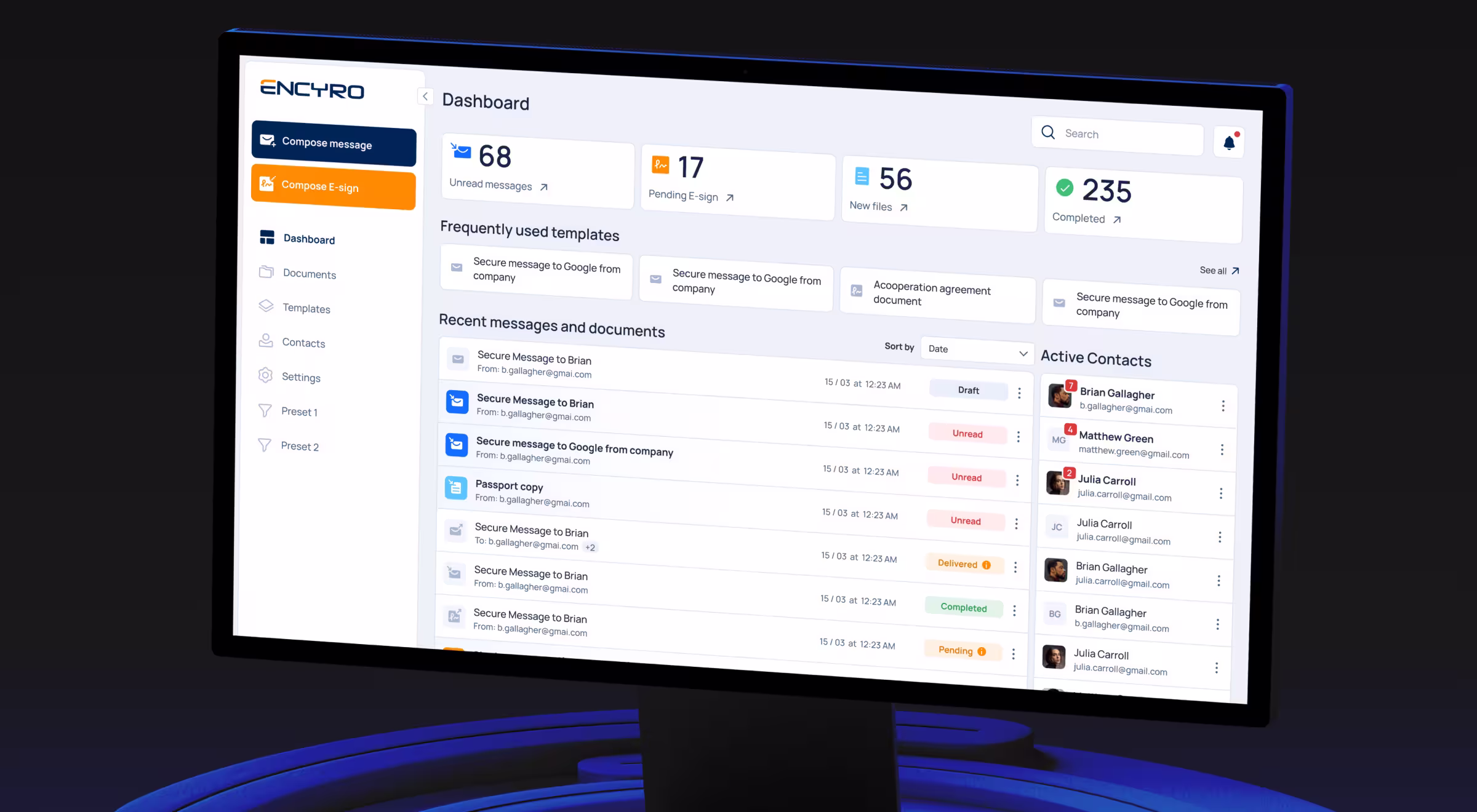 Enterprise dashboard for a secure document exchange and e-signature platform. The interface presents messages, documents, templates, contacts, and workflow status indicators, enabling organizations to manage secure communications and digital signing processes from a centralized workspace.