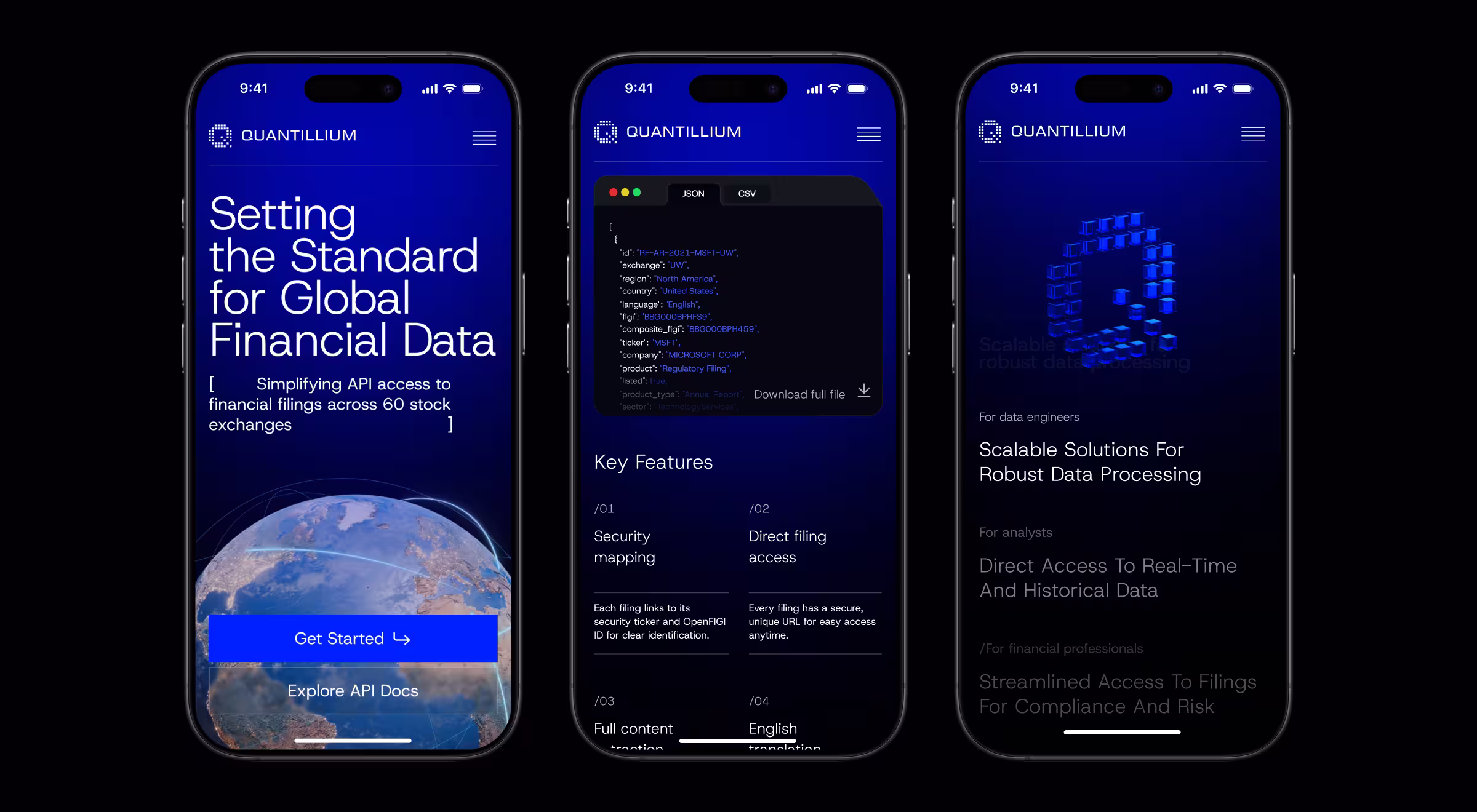 Three mobile screens showcase a financial data platform that provides API access to global regulatory filings and market information. The experience highlights structured datasets, security mapping, compliance data, and real-time access to financial records for developers and analysts.