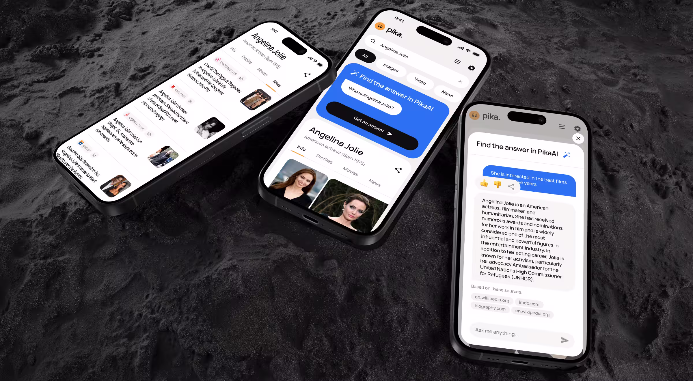Three smartphone screens showcase an AI-powered search and answer experience. The interface combines traditional search results, knowledge panels, images, and conversational AI responses, illustrating a hybrid search engine that helps users discover information and receive direct answers within a mobile-first experience.
