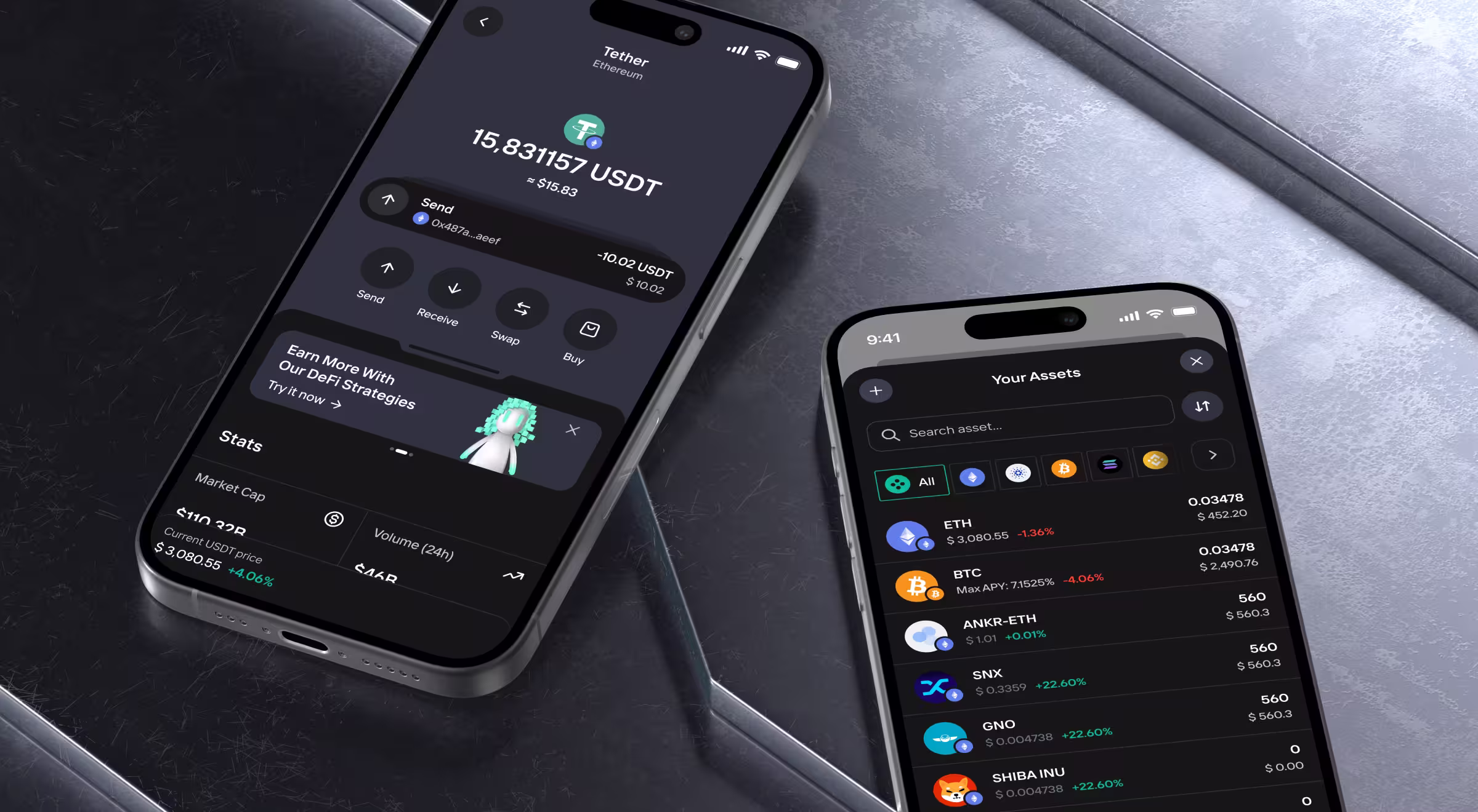Two smartphone screens display a cryptocurrency wallet application with portfolio balances, asset management, transaction history, and quick actions such as send, receive, swap, and buy. The interface is designed to simplify crypto asset management through a streamlined mobile experience.