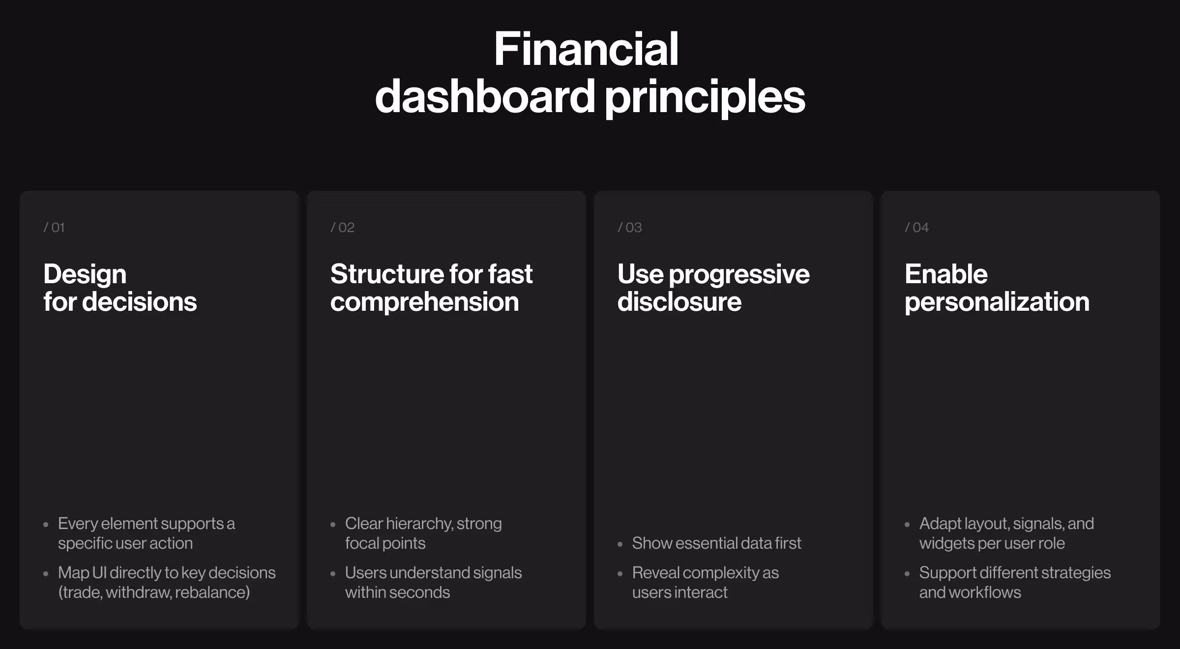 Presentation slide outlining four key principles of financial dashboard design: supporting user decisions, structuring information for rapid comprehension, revealing complexity progressively, and personalizing layouts.