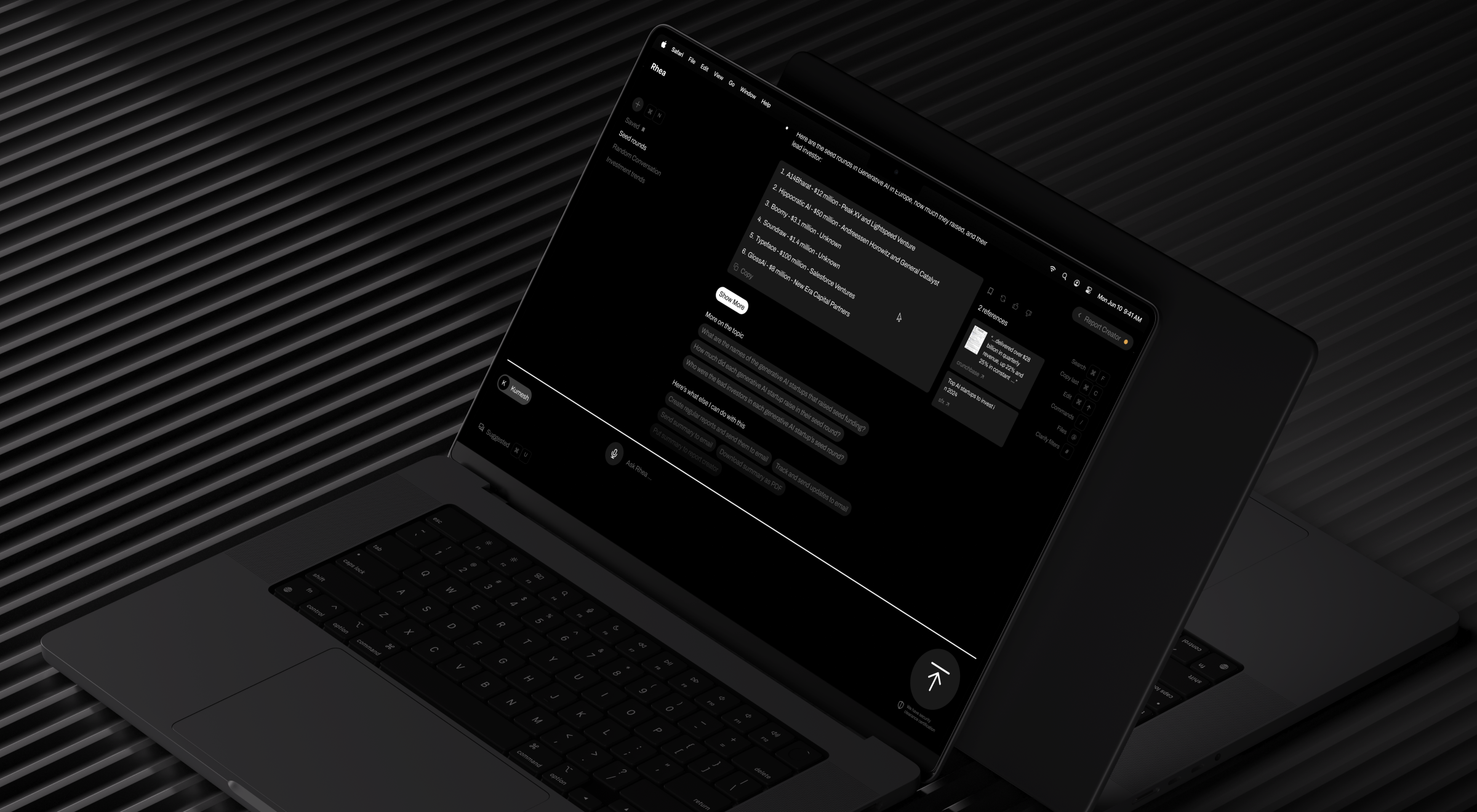Laptop displaying a dark-mode AI-powered financial research interface with conversational analysis, sourced references, and structured insights designed to help analysts explore investment opportunities and synthesize complex market data.