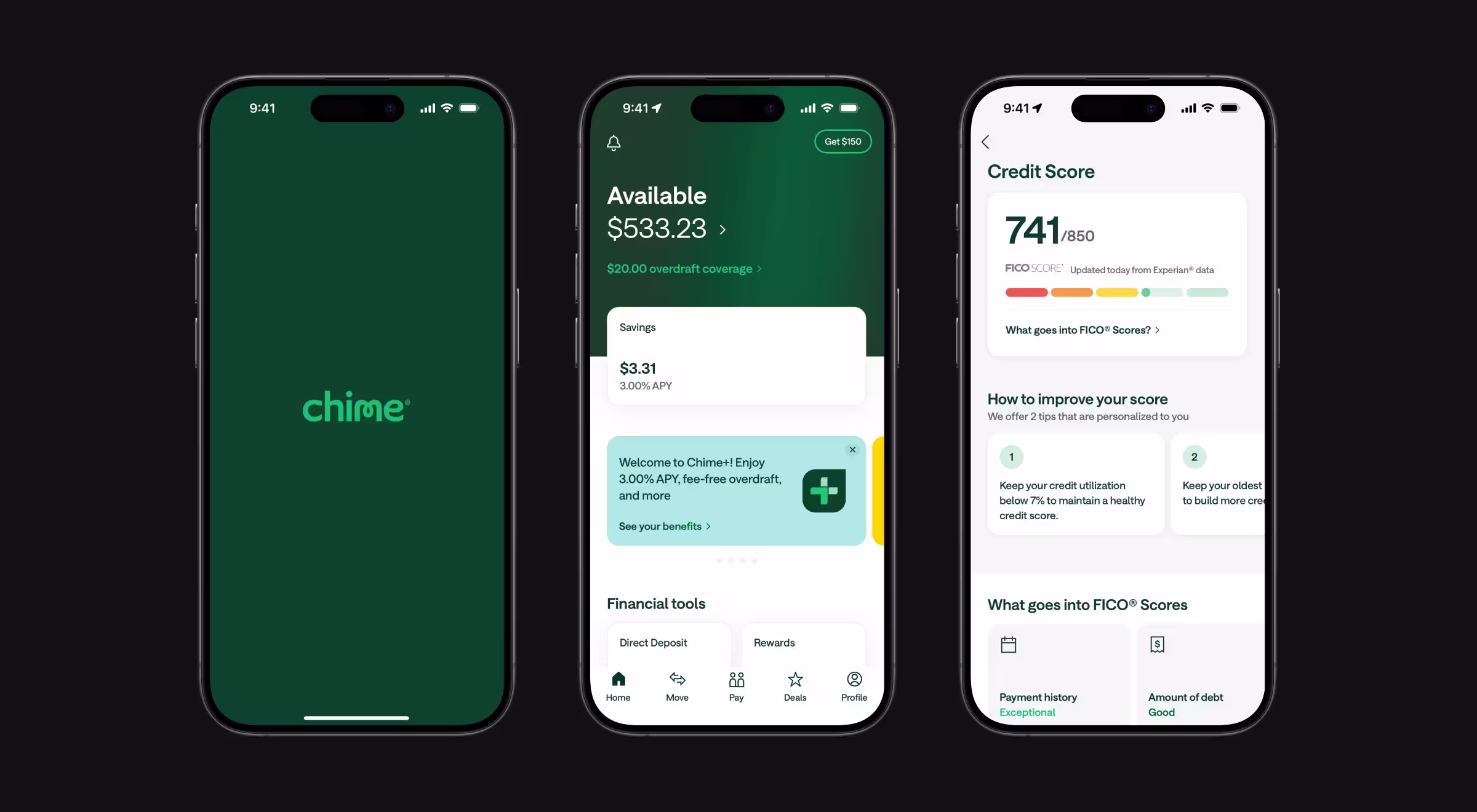 Three mobile screens from a digital banking application. The interface allows users to manage account balances, savings, direct deposits, overdraft protection, and credit-building tools, while providing personalized financial insights and credit score monitoring.