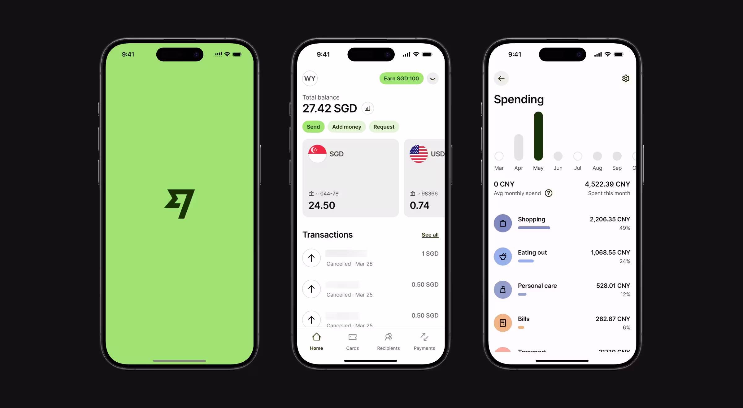 Three mobile screens from a digital banking and payments app.