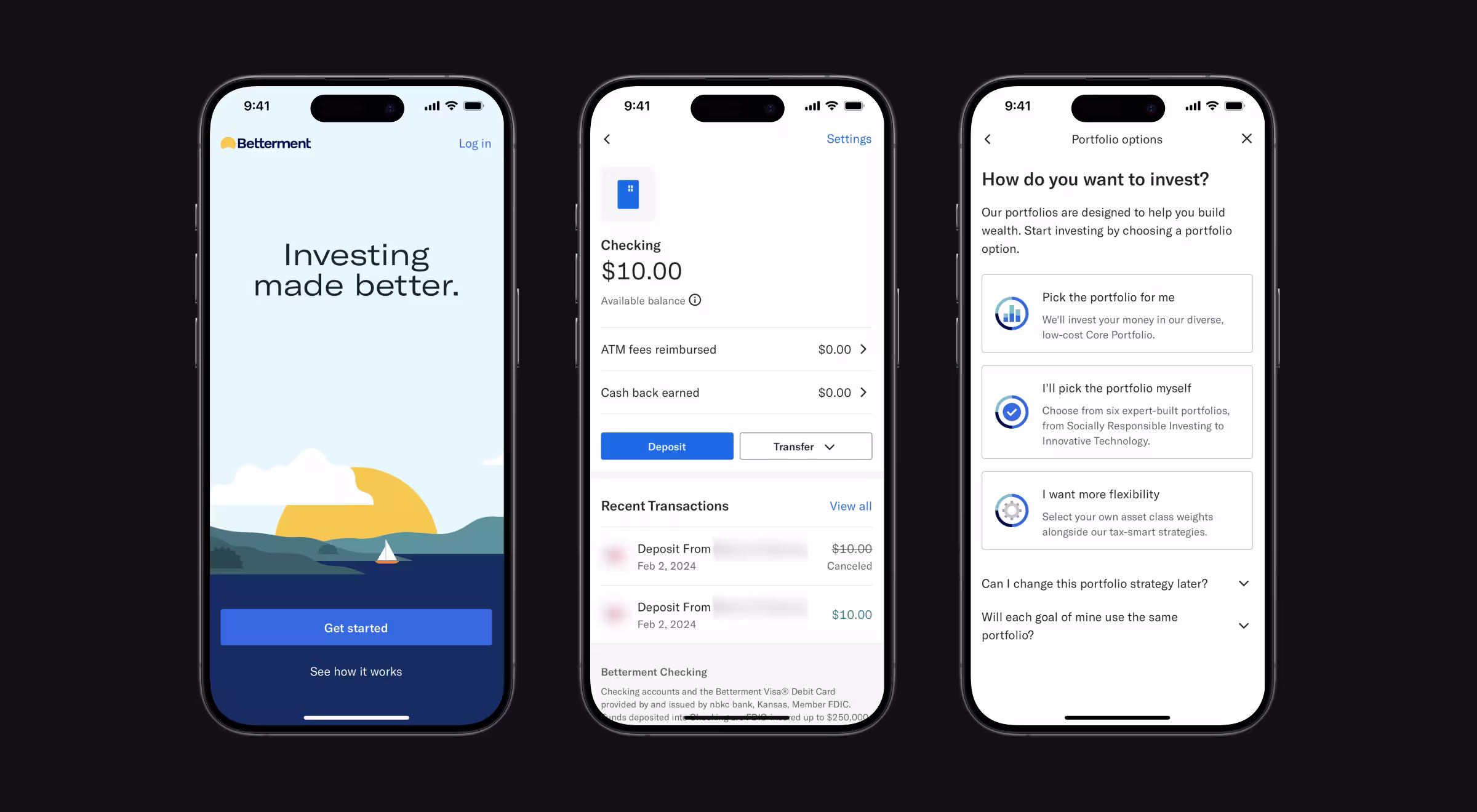 Three mobile screens from an investment and wealth management platform. The experience guides users through account management, portfolio selection, automated investing, cash transfers, and long-term financial planning with tailored investment strategies.