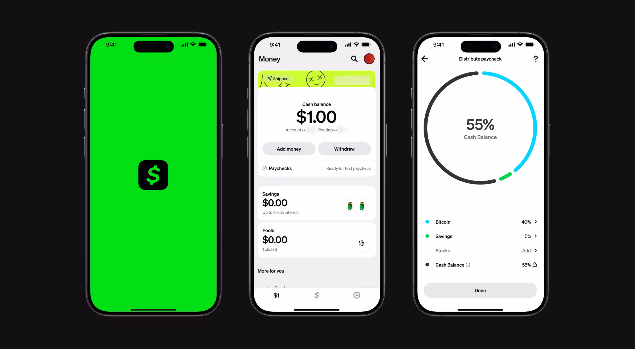 Three mobile app screens showcasing a personal finance and money management experience.