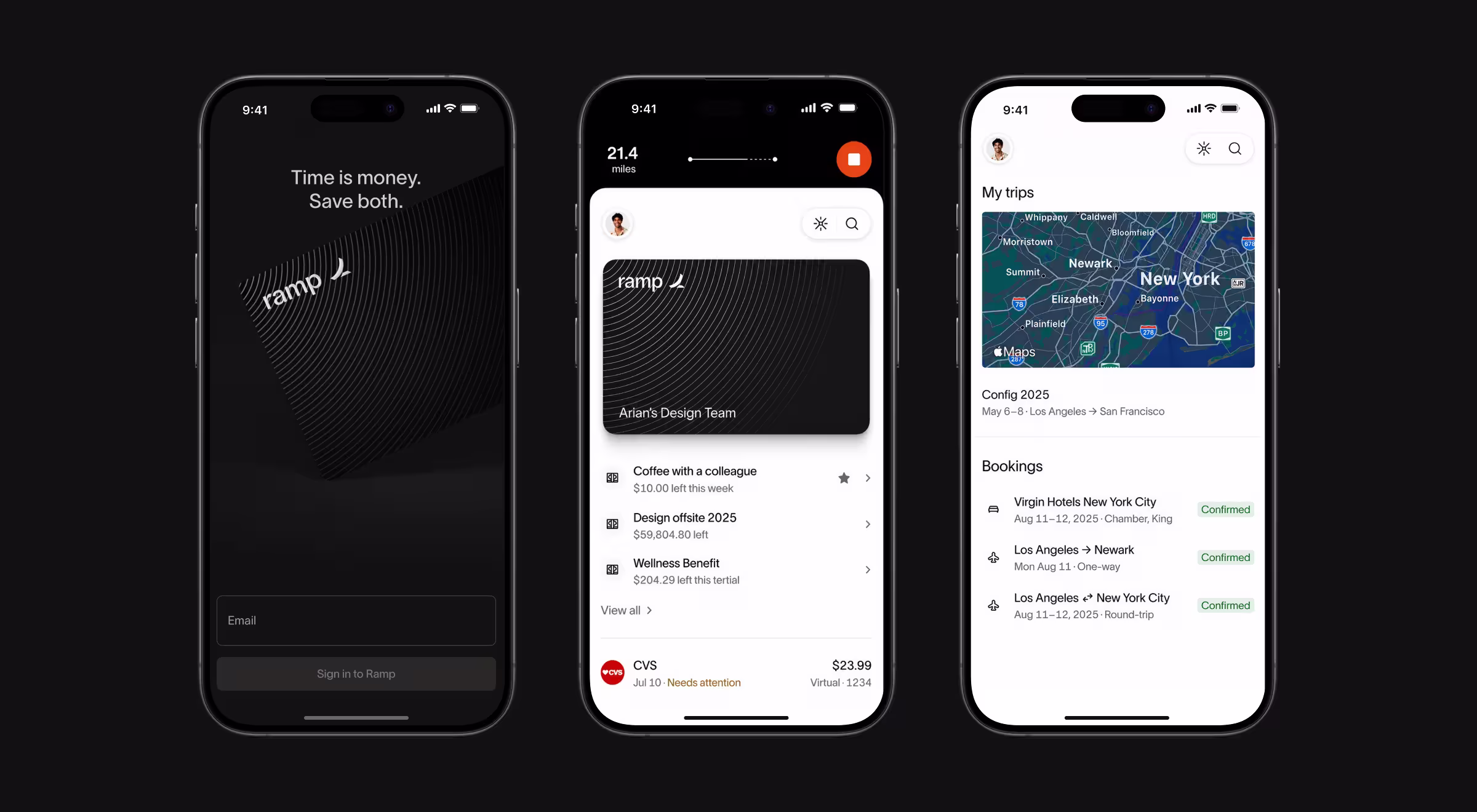 Three mobile screens from a corporate spend management and expense platform. The application enables employees to manage company cards, track budgets and expenses, review transactions, oversee travel bookings, and monitor business spending through a centralized financial operations hub.