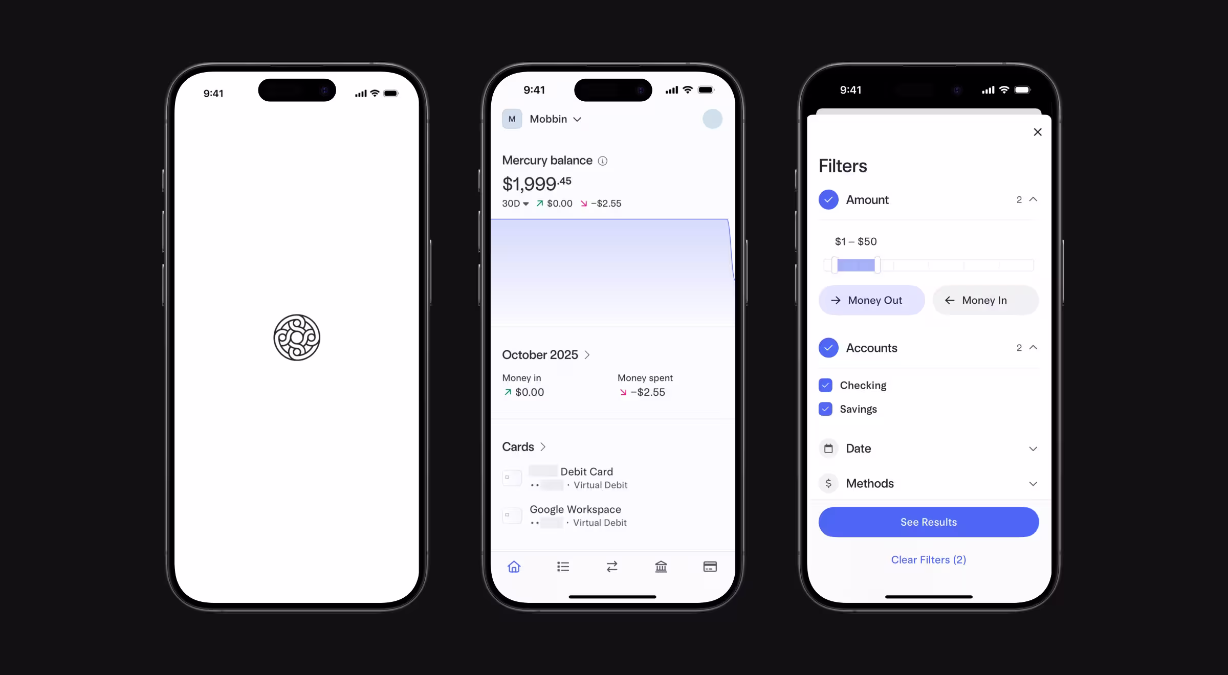 Three mobile screens from a personal finance and banking application. The interface includes account balance tracking, transaction management, debit card activity monitoring, and advanced filtering tools.