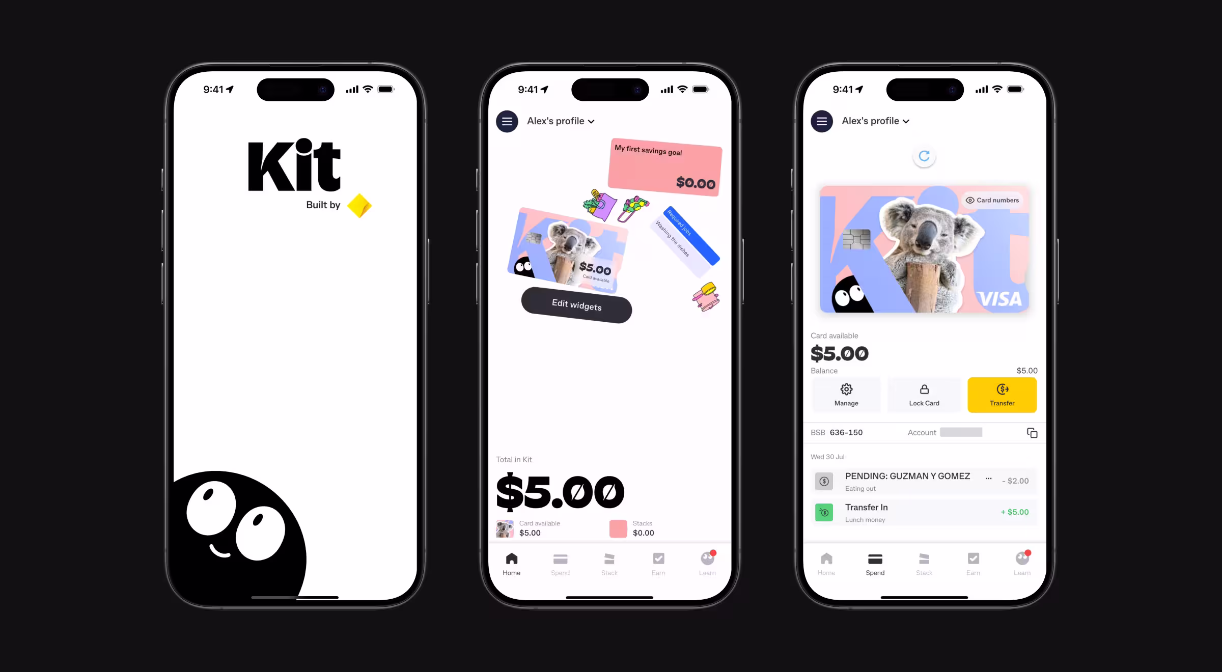 Three mobile screens from a family-focused banking and financial education app. The experience helps children manage spending money, savings goals, prepaid debit cards, and transactions through a playful interface designed to build financial literacy while giving parents visibility and control.