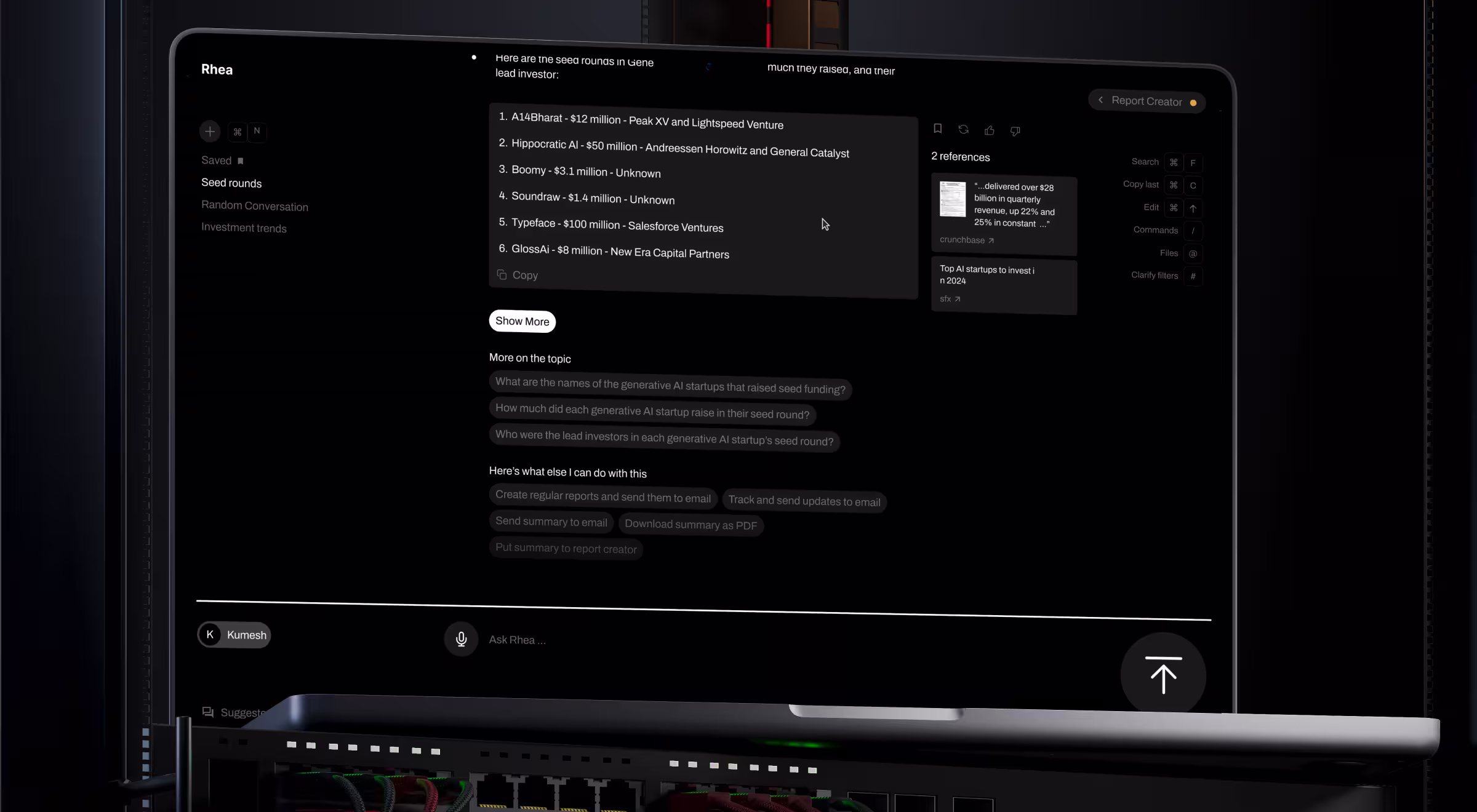Laptop screen displaying an AI research and reporting platform with conversational search, source references, suggested follow-up questions, and report-generation tools.