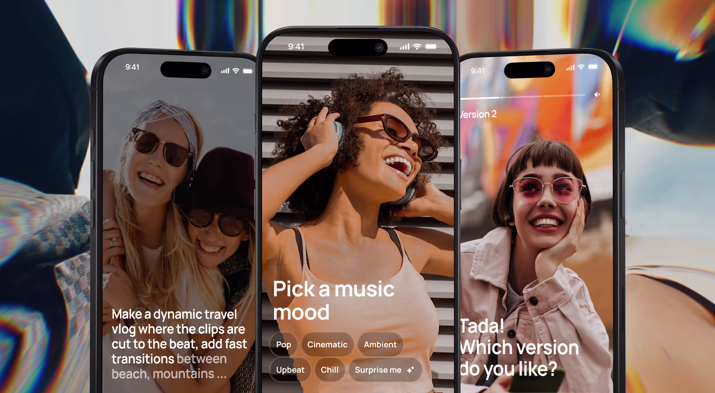 Three mobile screens demonstrating an AI-assisted video creation workflow. Users describe a travel video, choose a music style, and compare multiple AI-generated versions before selecting the preferred result.