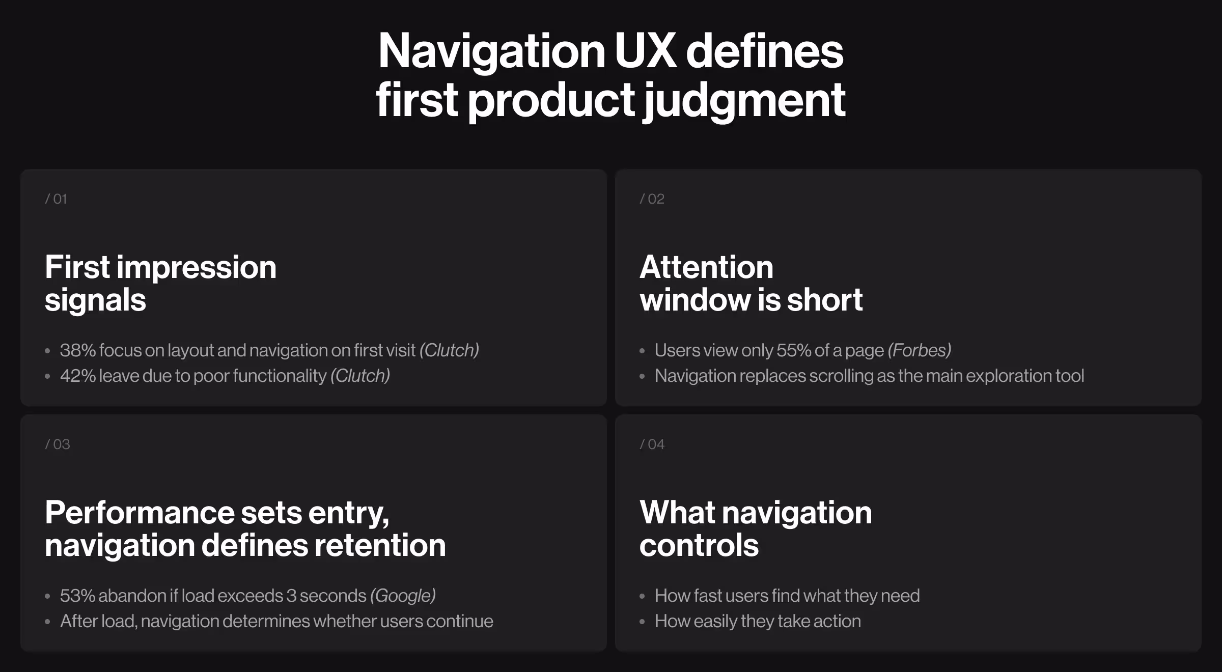 Dark-themed infographic explaining how navigation UX shapes user perception and retention.