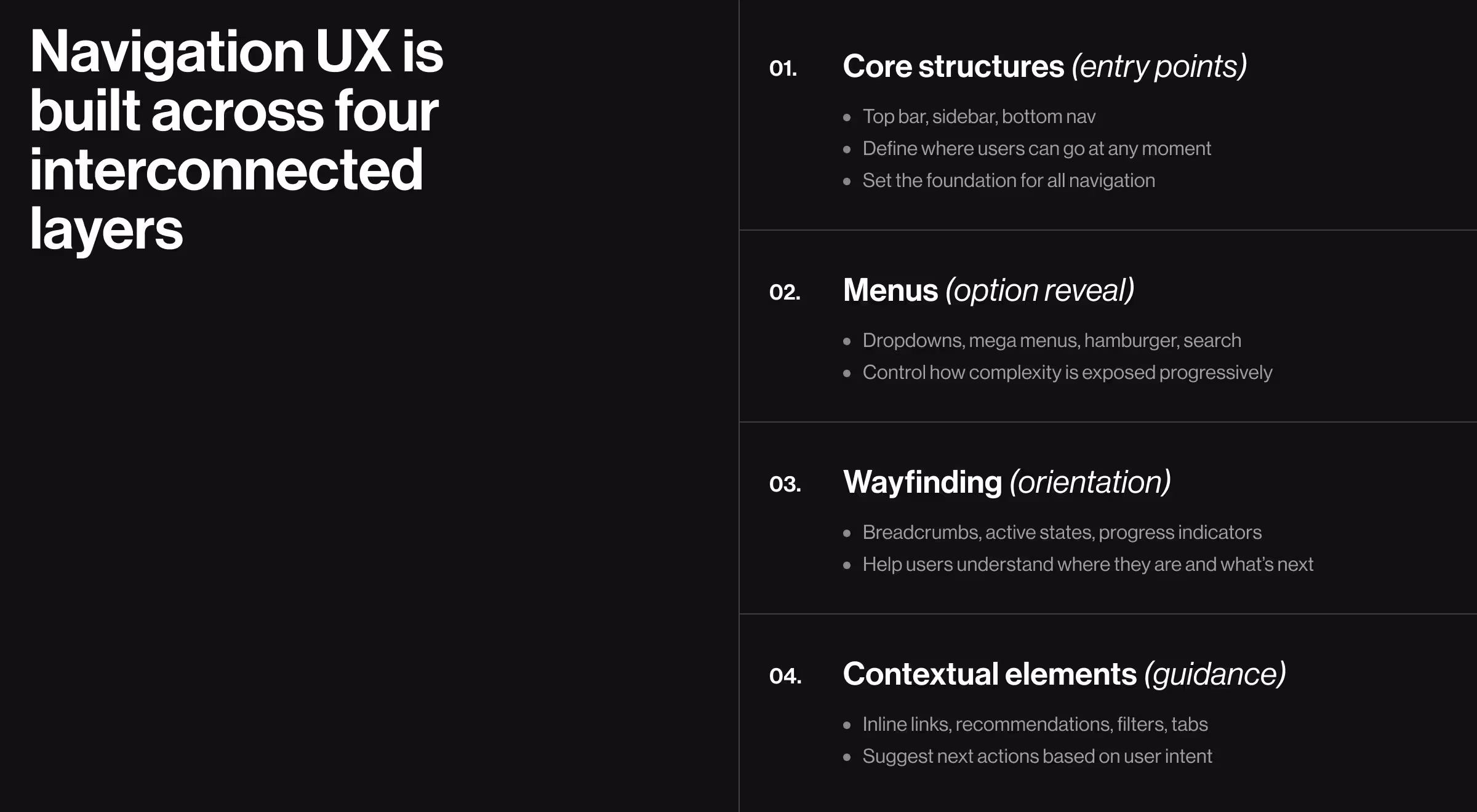 Educational diagram explaining the four interconnected layers of navigation UX: core structures, menus, wayfinding, and contextual elements.