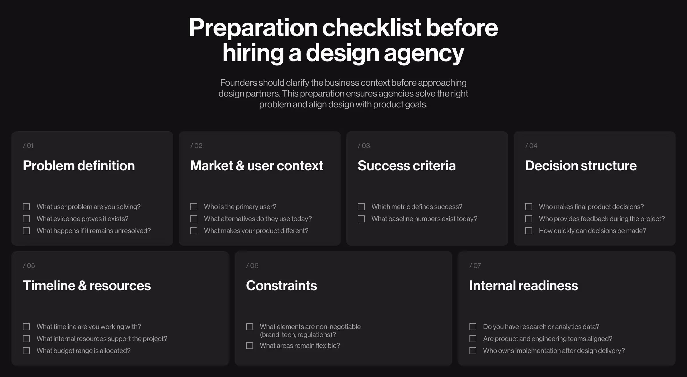 Preparation checklist for hiring a design agency, presented as a structured grid of seven planning categories.