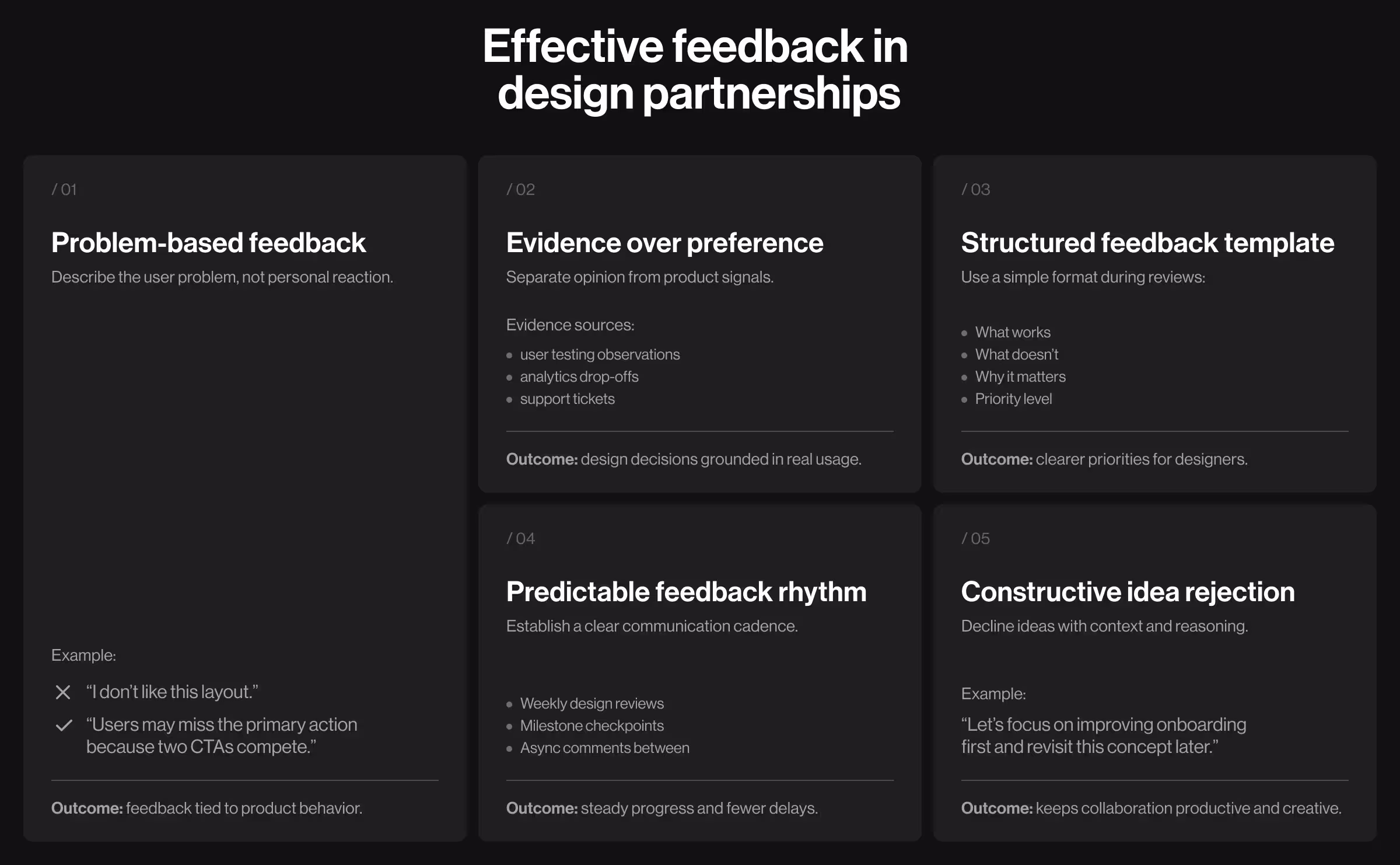 Infographic on effective feedback in design partnerships, outlining five principles for productive collaboration between clients and design teams.